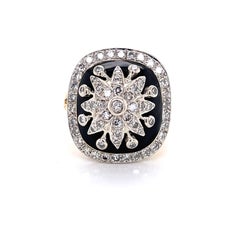 Diamond Burst Black Enamel 14k Yellow Gold Antique Style Cocktail Ring