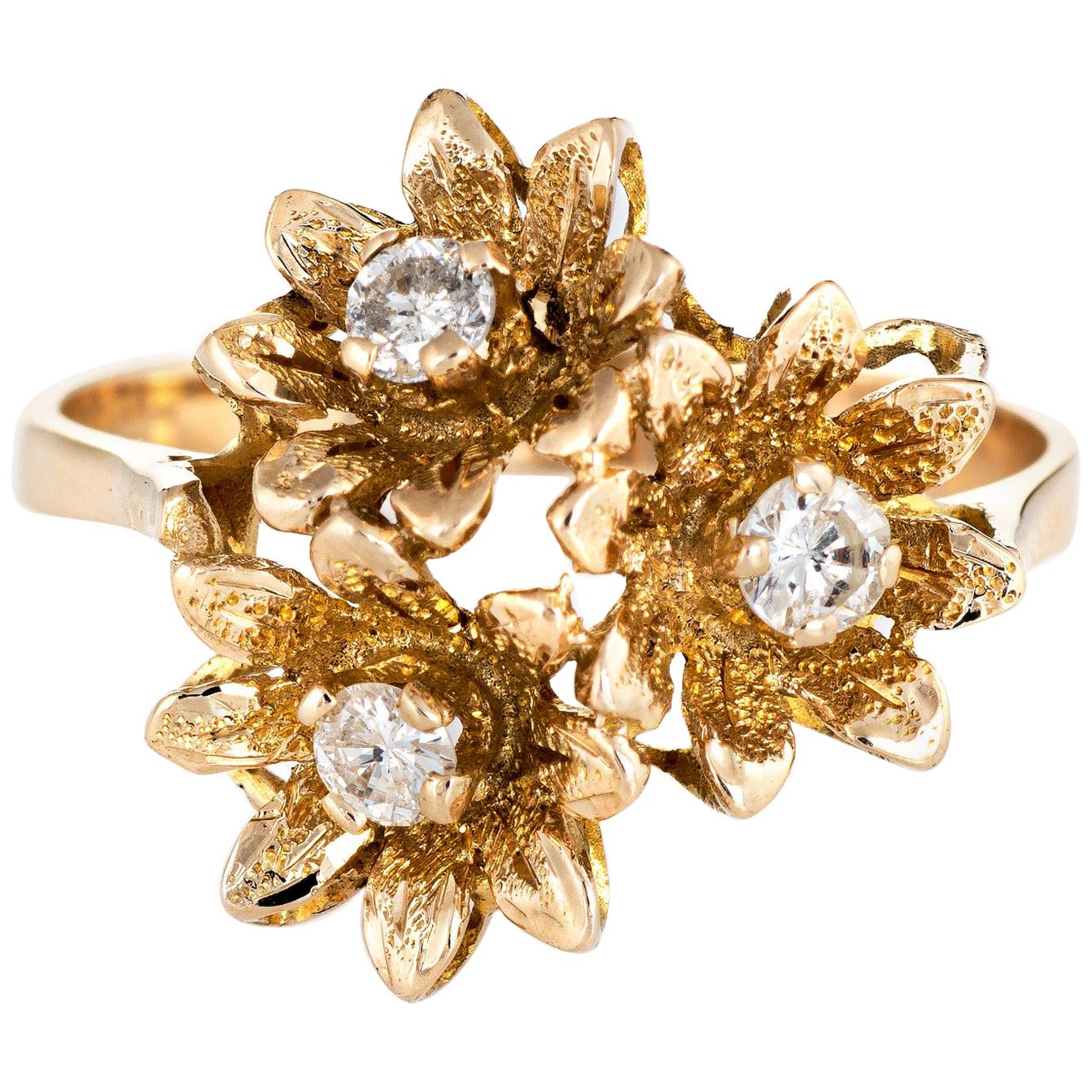 Diamond Buttercup Ring Vintage 10 Karat Gold 3 Flowers Estate Fine Jewelry