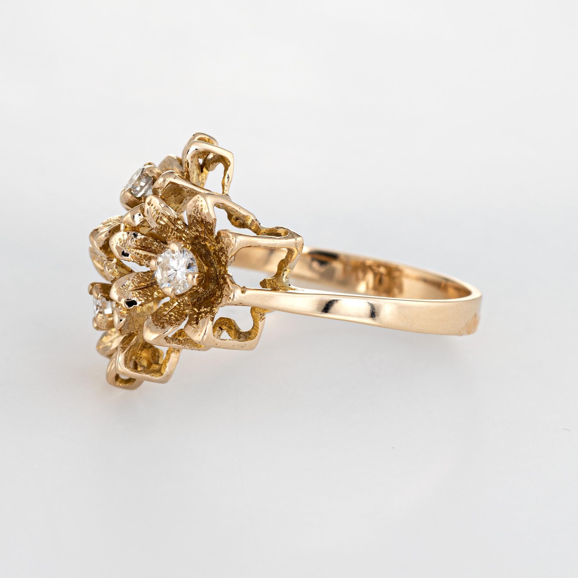 Modern Diamond Buttercup Ring Vintage 10 Karat Gold 3 Flowers Estate Fine Jewelry
