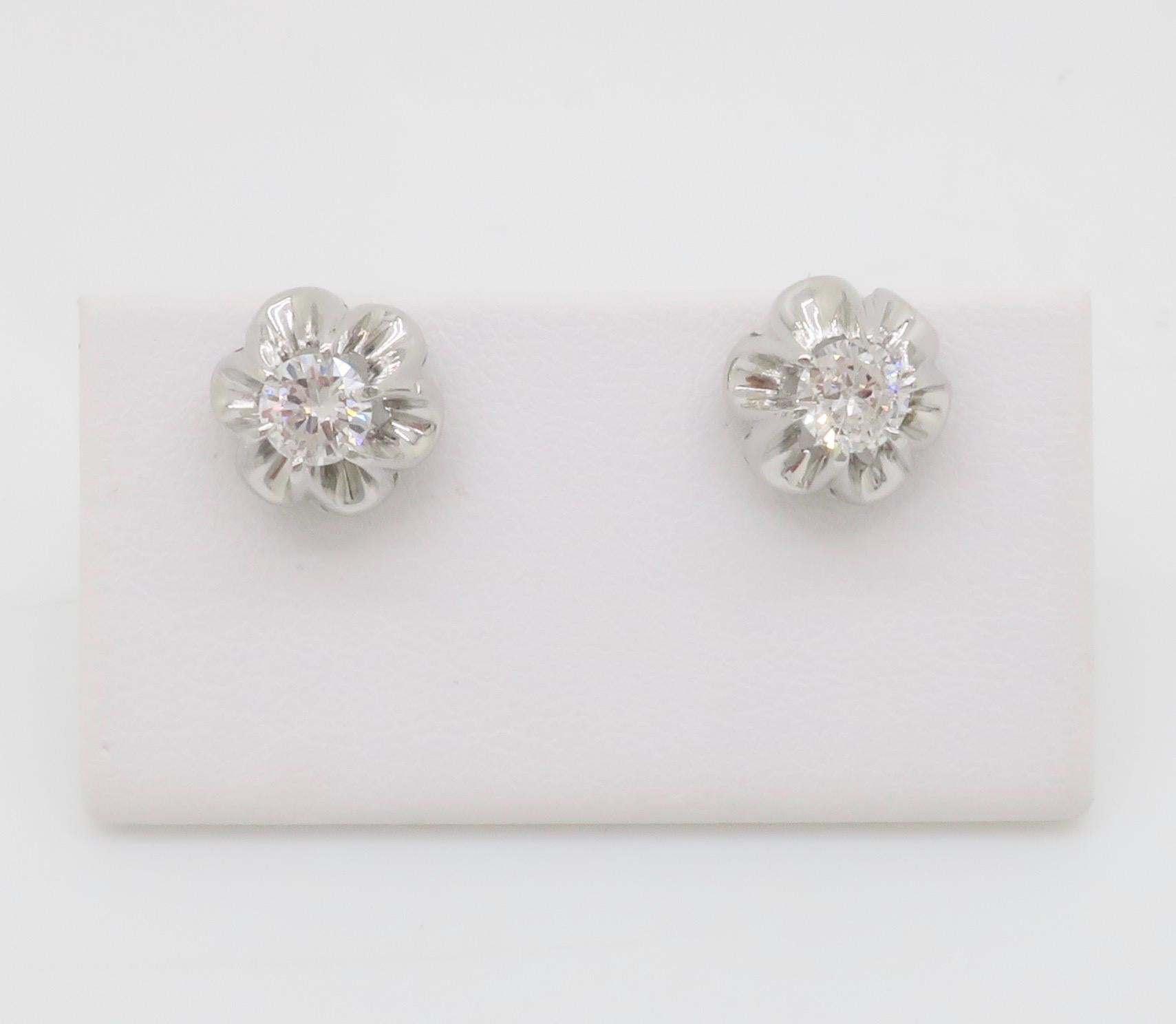 Round Cut Diamond Buttercup Style Stud Earrings in White Gold For Sale