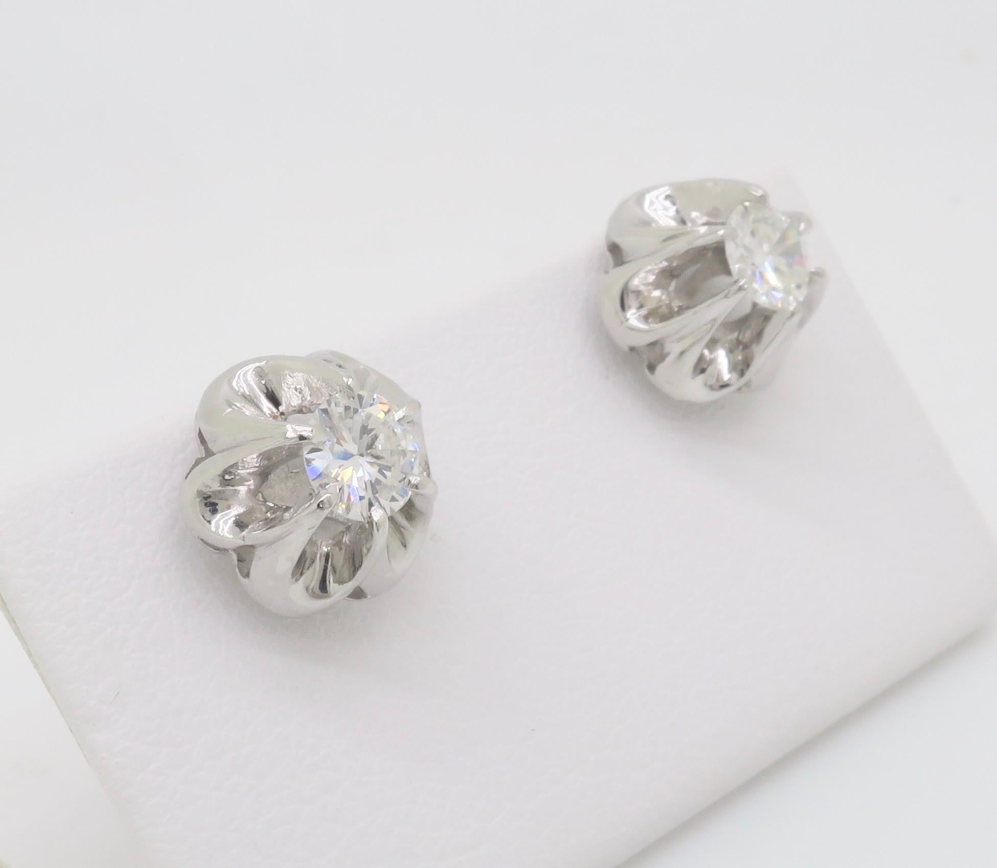 Women's Diamond Buttercup Style Stud Earrings in White Gold For Sale