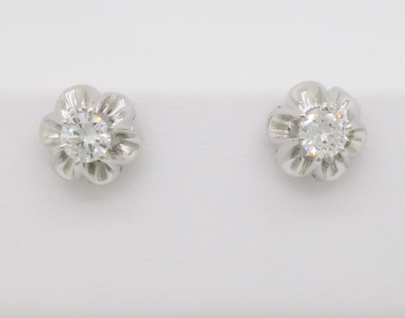 Diamond Buttercup Style Stud Earrings in White Gold For Sale 1