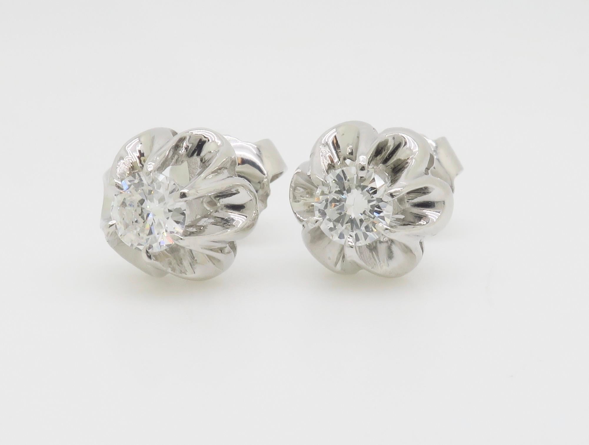 Diamond Buttercup Style Stud Earrings in White Gold For Sale 2