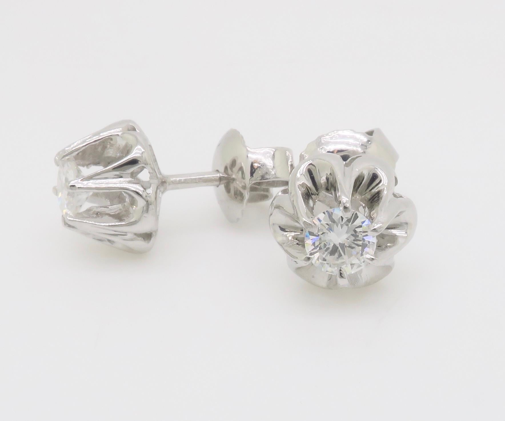 Diamond Buttercup Style Stud Earrings in White Gold For Sale 3