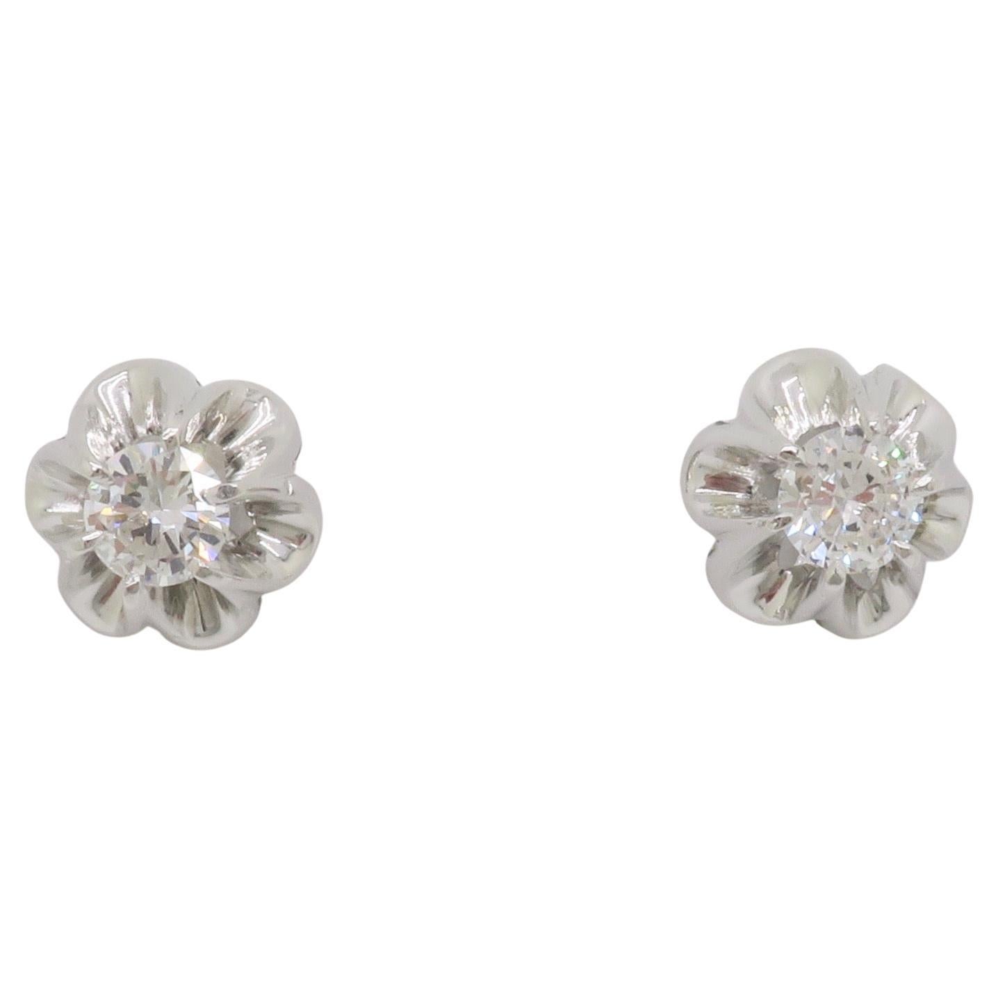 Diamond Buttercup Style Stud Earrings in White Gold For Sale