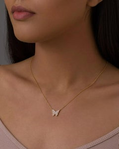Diamond Butterfly Pendant Necklace in 14K Yellow Gold Solid