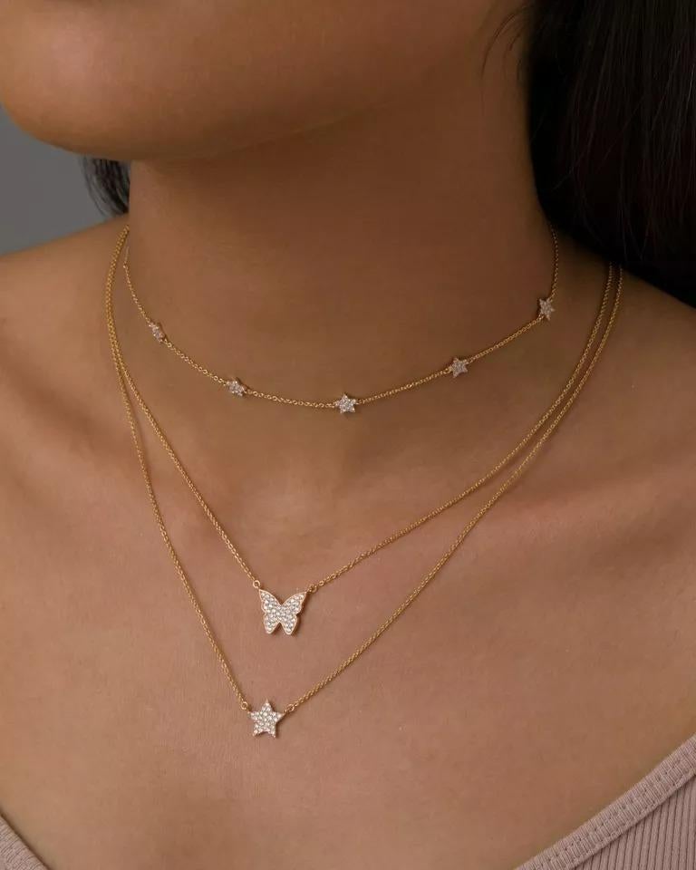 Diamond Butterfly Pendant Necklace in 14K Yellow Gold Solid In New Condition For Sale In Chicago, IL