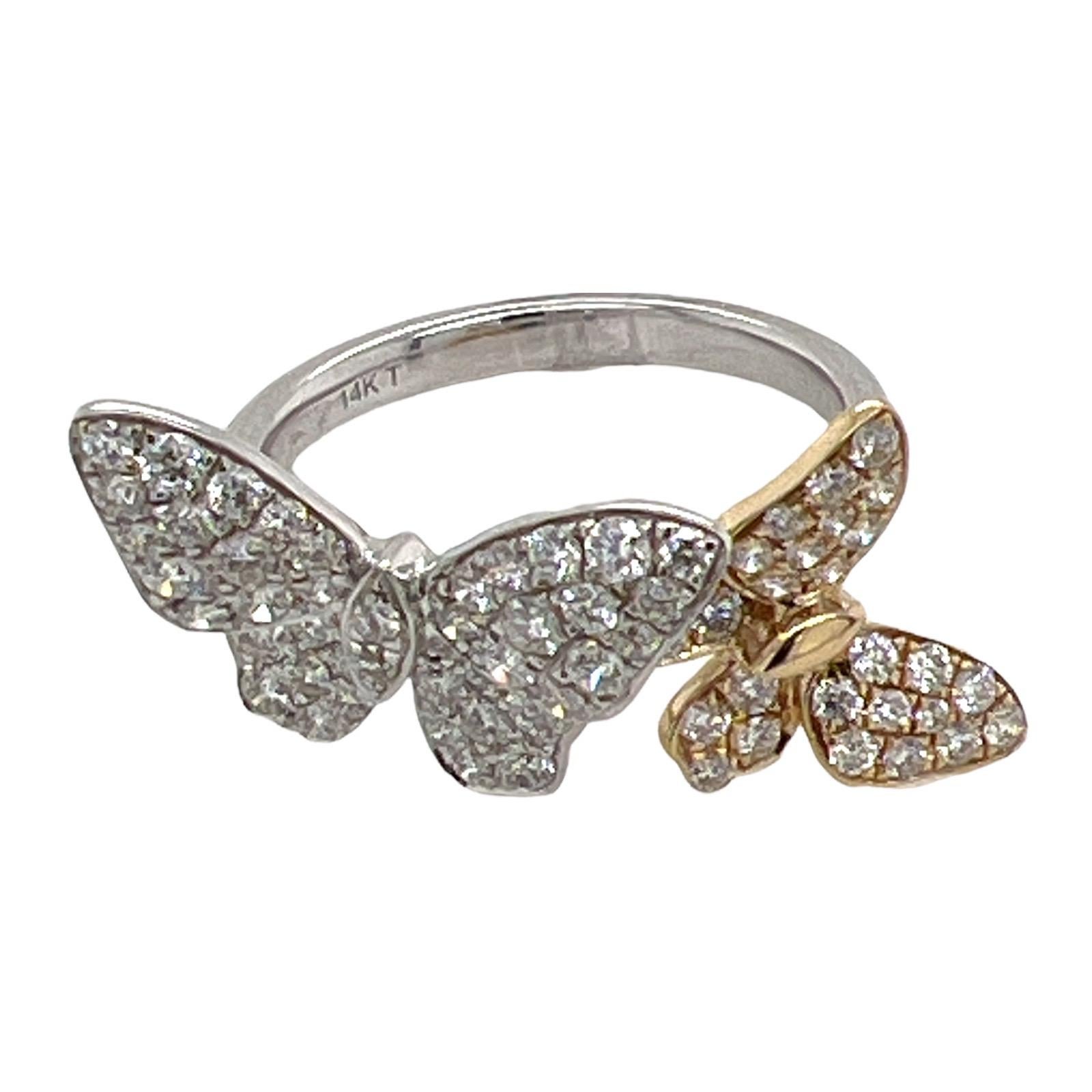 Round Cut Diamond Butterfly 18 Karat Yellow & White Gold Two Tone Wrap Ring For Sale
