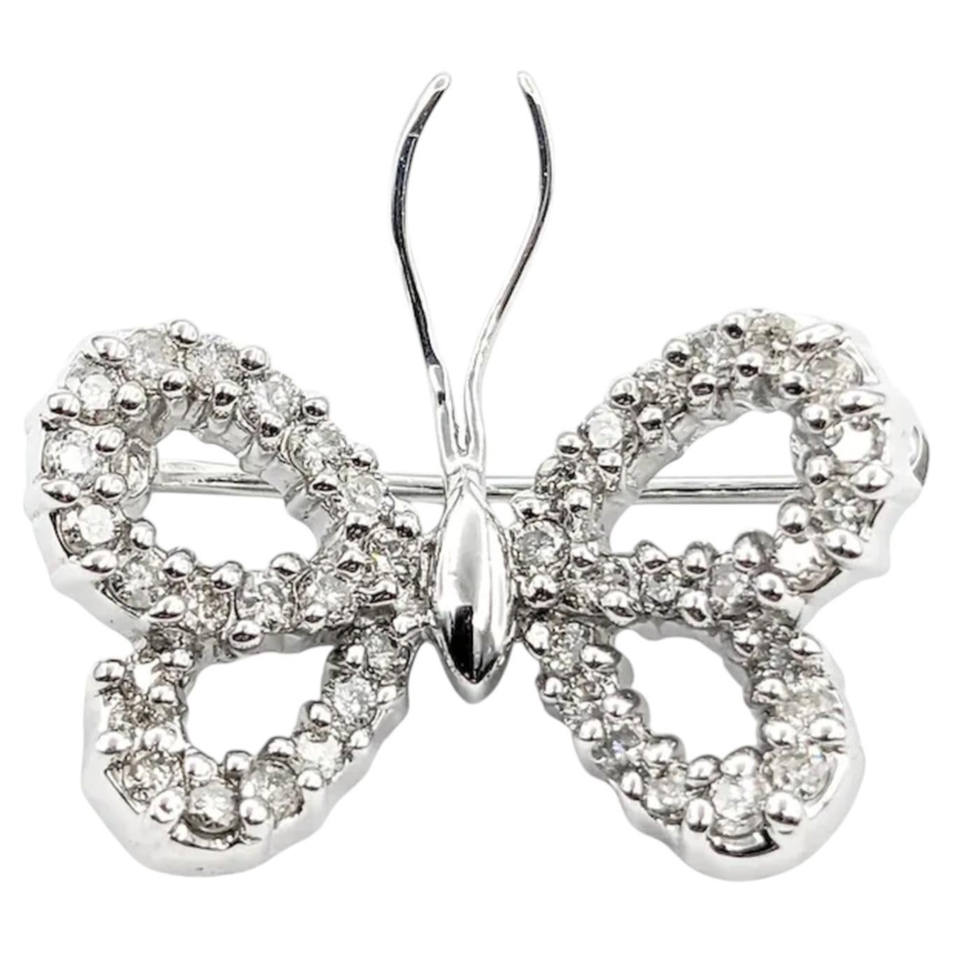 Diamond Butterfly Brooch in 14K White Gold For Sale