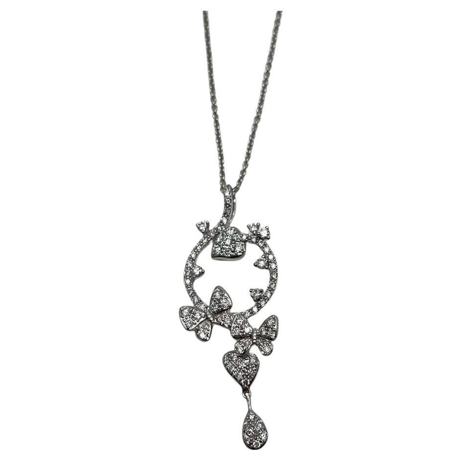 Diamond Butterfly Butterflies Pave Set Hearts 14K White Gold Pendant Necklace