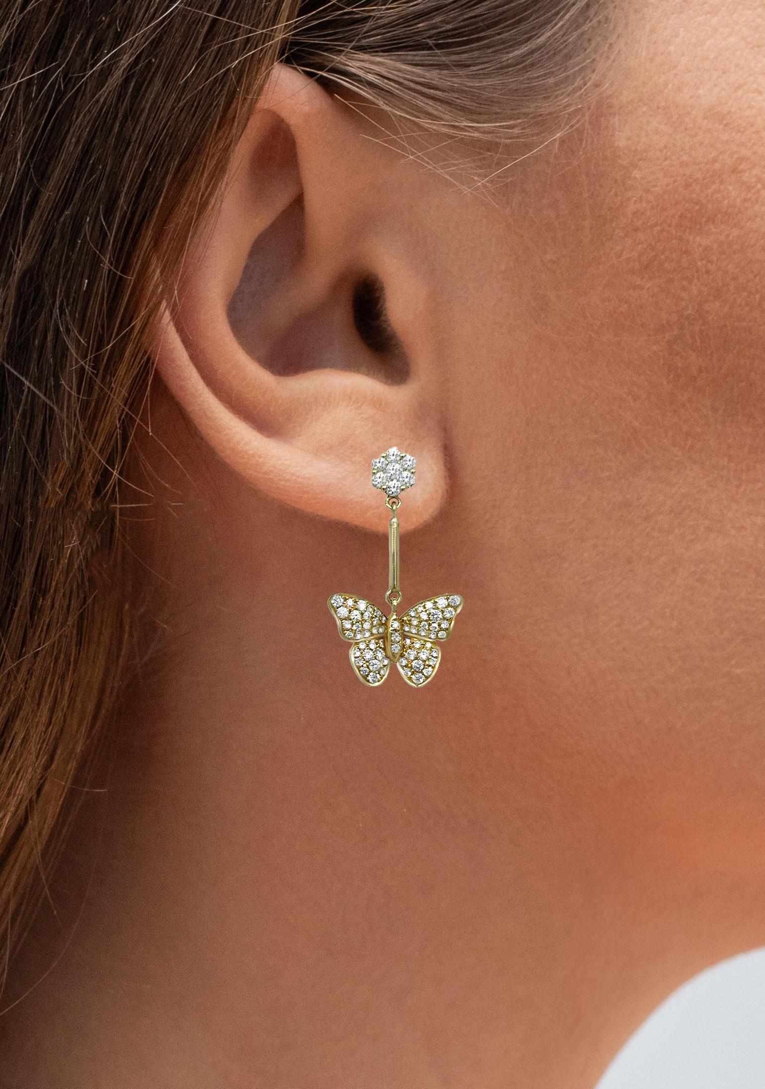 Contemporary Diamond Butterfly Dangle Earrings 0.85 Carats 14K Yellow Gold For Sale
