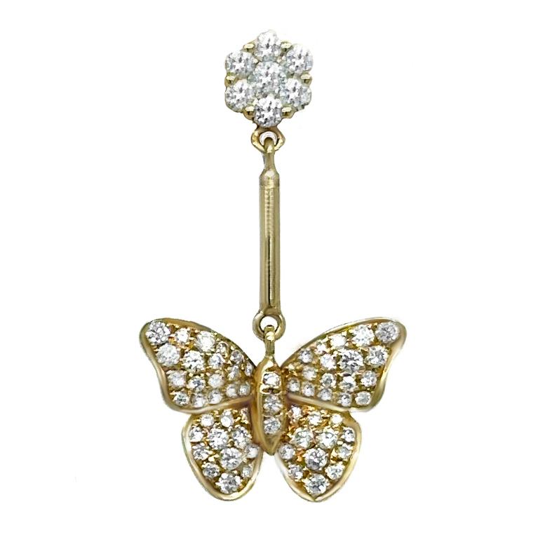 Round Cut Diamond Butterfly Dangle Earrings 0.85 Carats 14K Yellow Gold For Sale