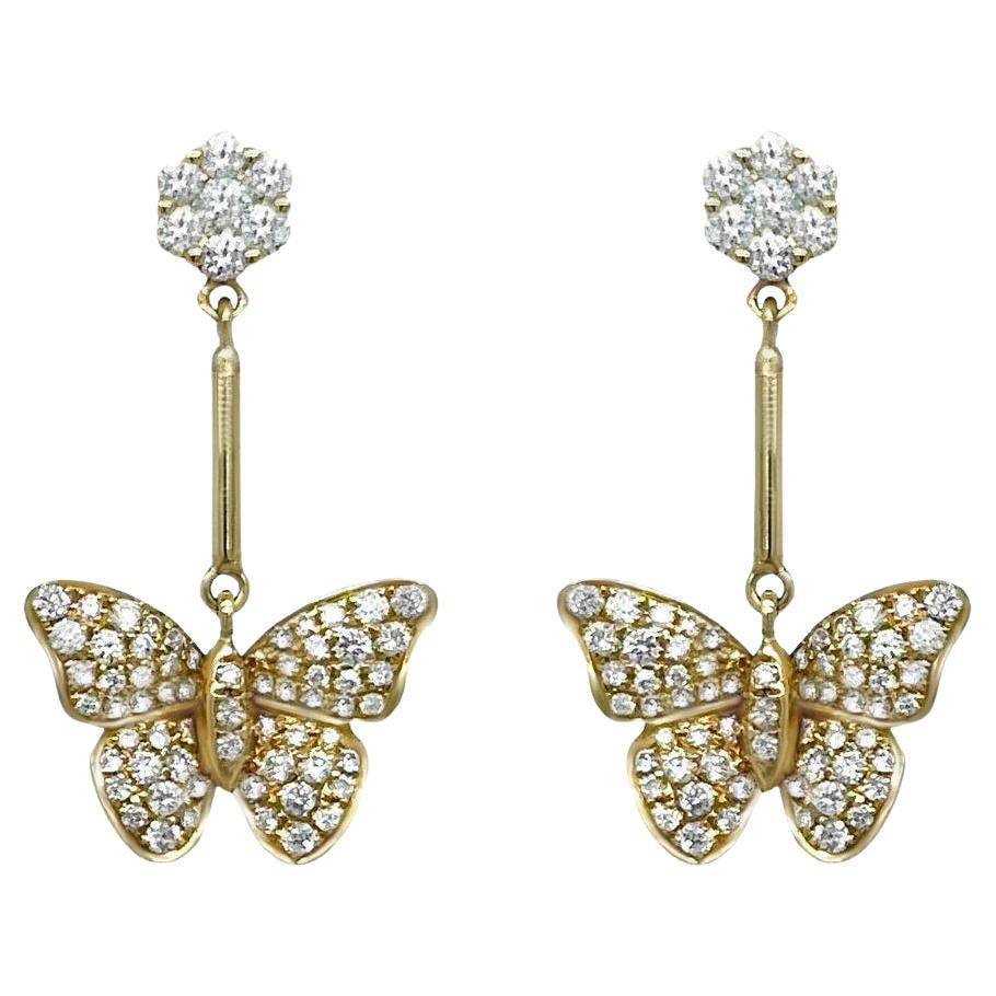 Diamond Butterfly Dangle Earrings 0.85 Carats 14K Yellow Gold For Sale