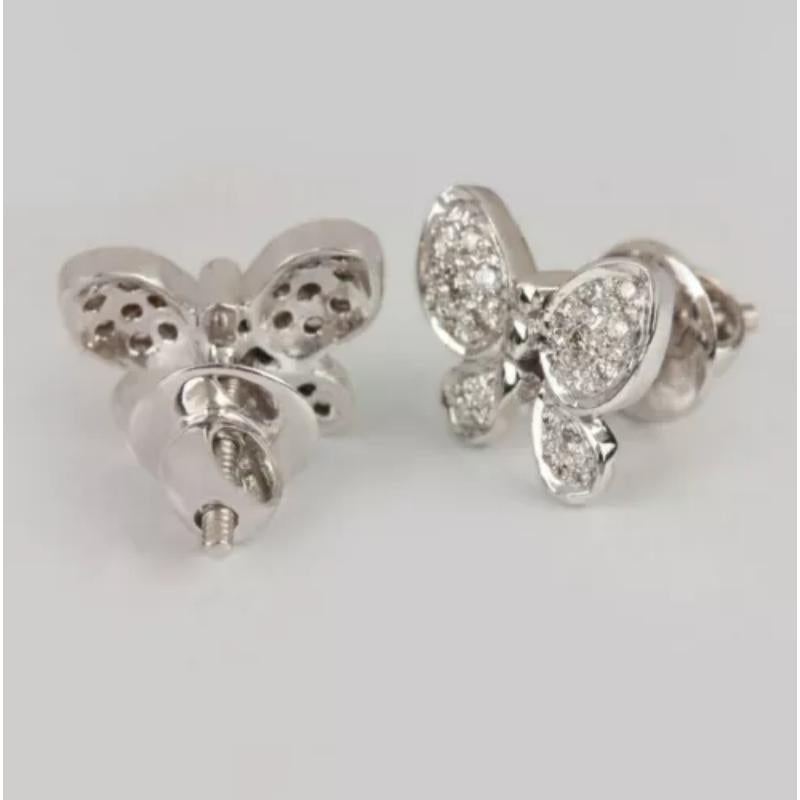 Round Cut Diamond Butterfly Earring 14K White Gold Stud Minimalist For Sale