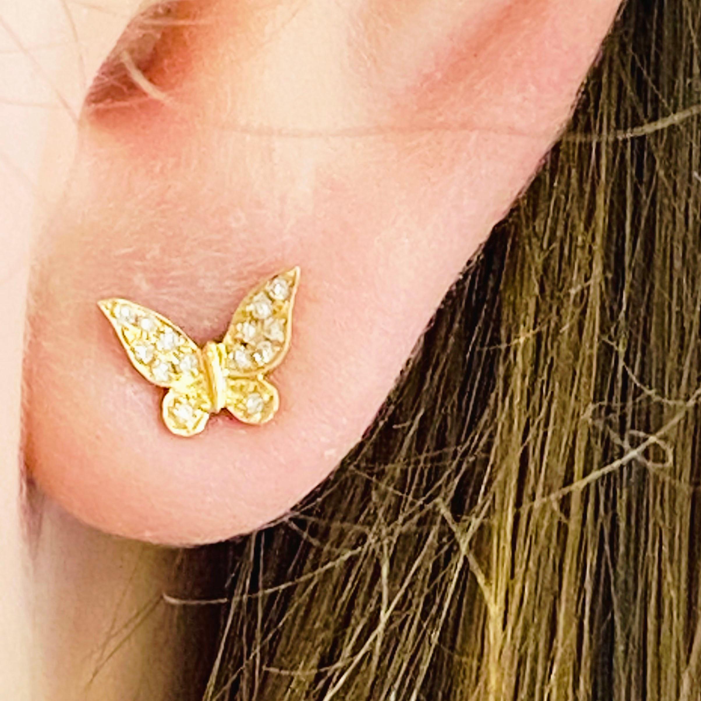 These stunning 14k yellow gold butterfly stud earrings dripping with diamonds provide a look that is both trendy and classic. These pave diamond earrings are a great staple to add to your collection, and can be worn with both casual and formal wear.