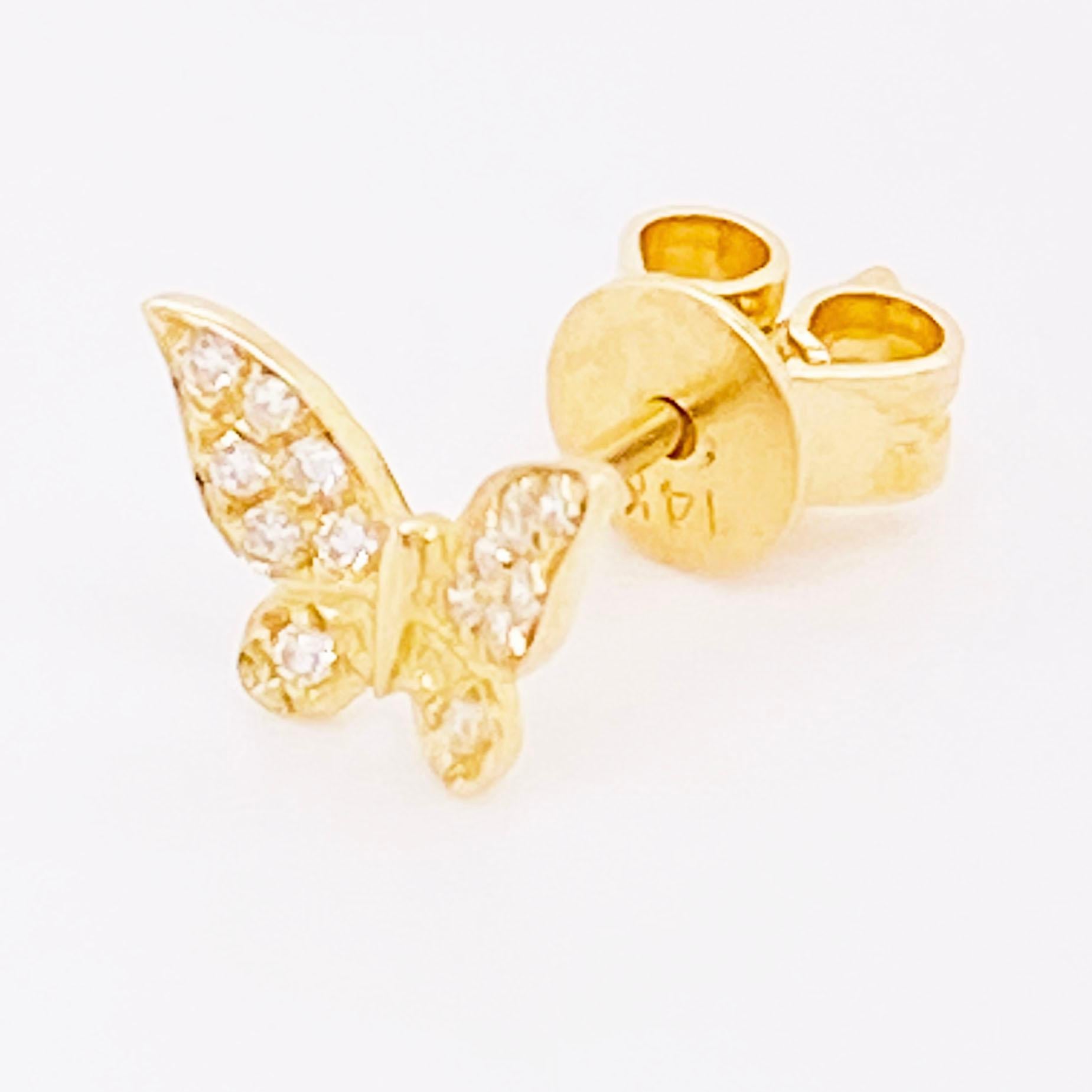 Modern Diamond Butterfly Earrings, 14 Karat Yellow Gold Diamond Stud Earrings, Nature For Sale