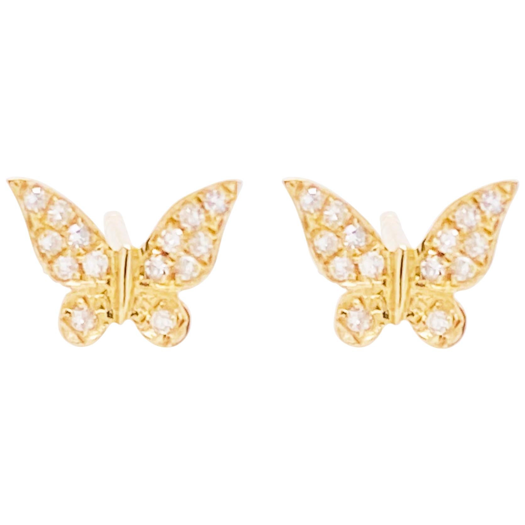 Diamond Butterfly Earrings, 14 Karat Yellow Gold Diamond Stud Earrings, Nature