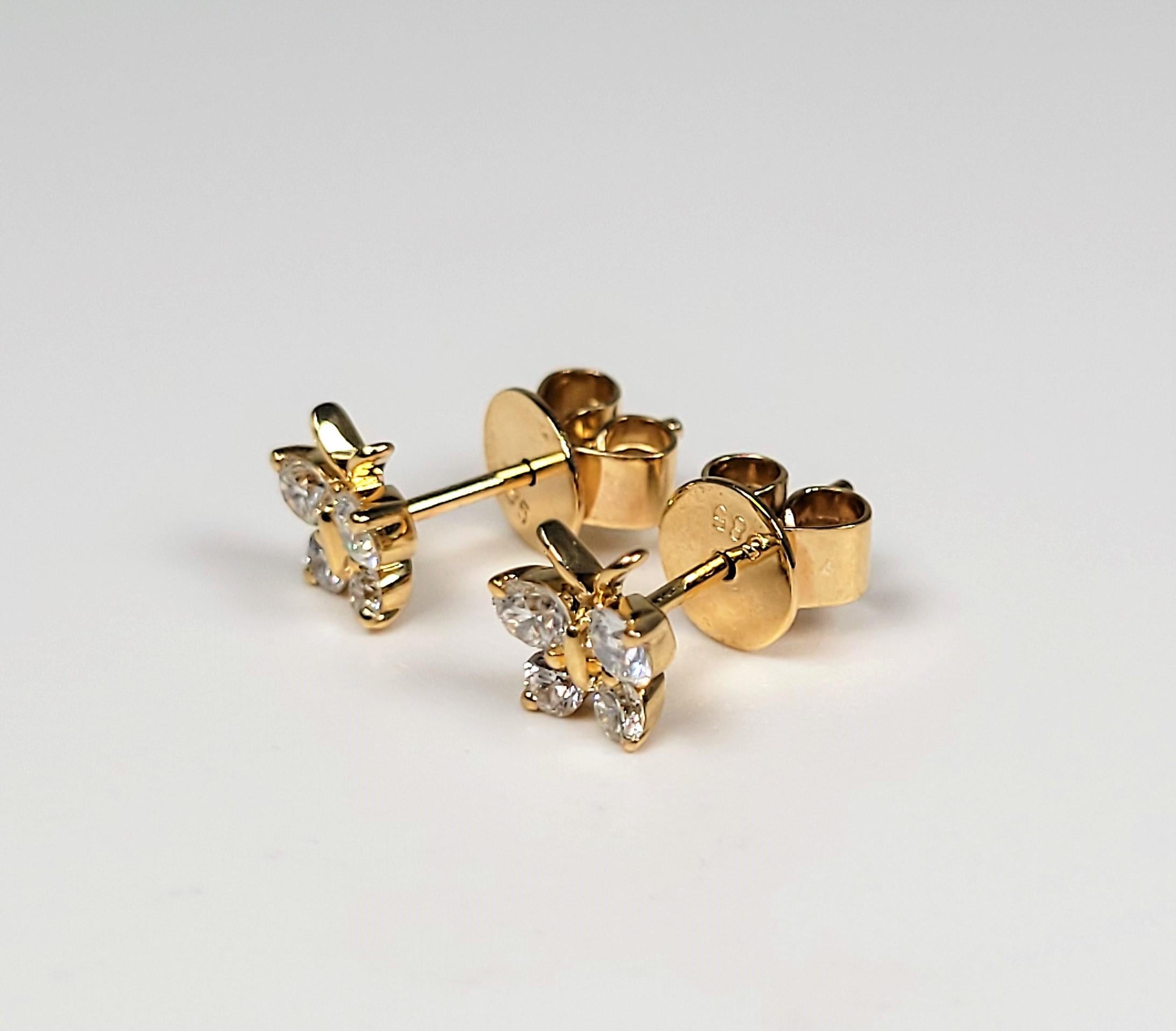Women's or Men's Diamond Butterfly Earrings in 14 Karat Yellow Gold For Sale