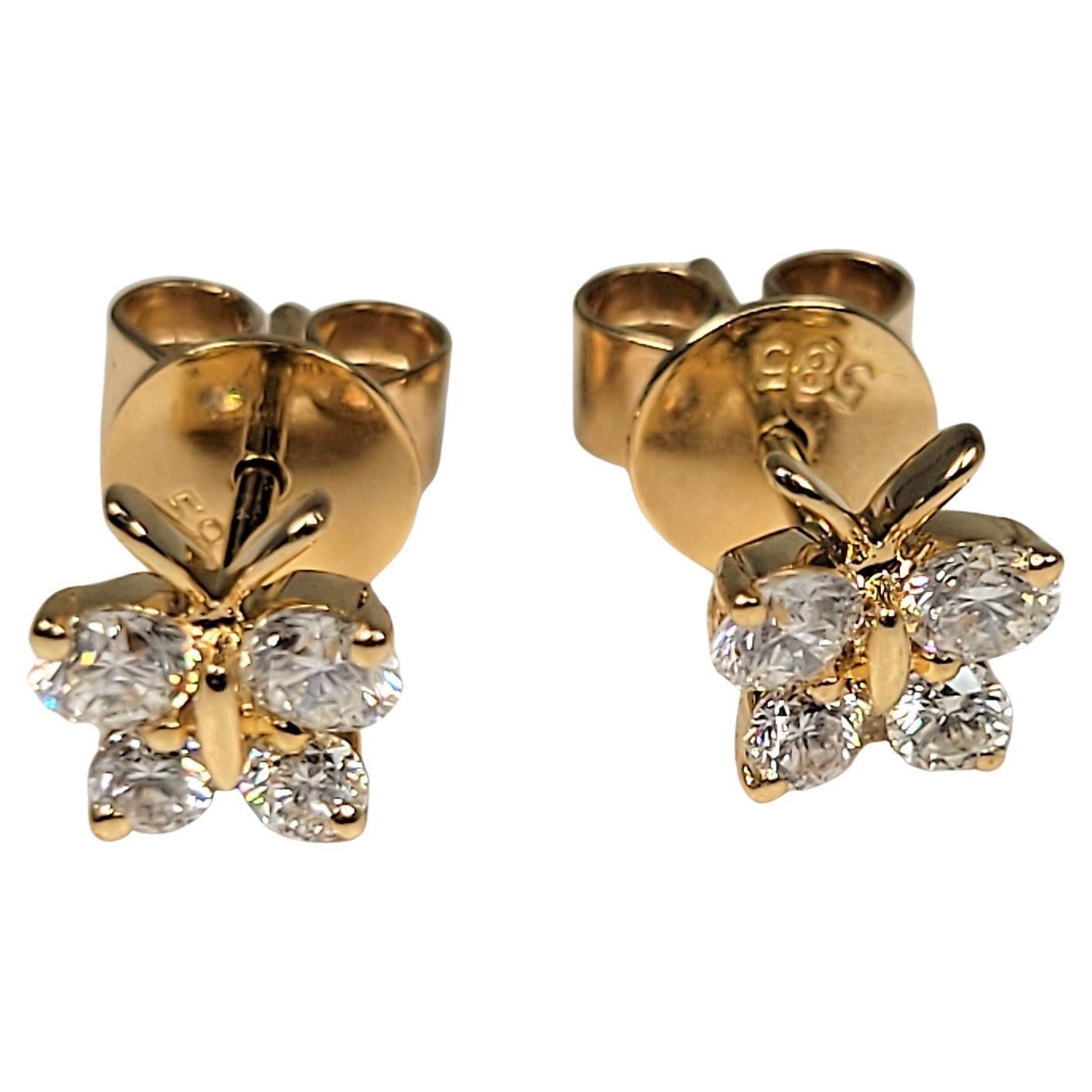 Diamond Butterfly Earrings in 14 Karat Yellow Gold For Sale
