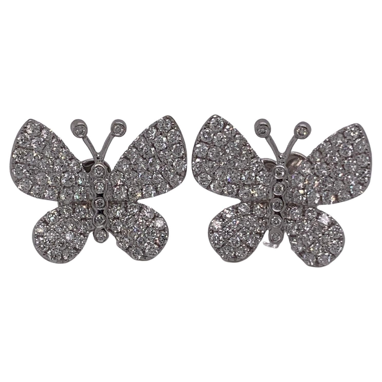 Diamond Butterfly Earrings in 18 Karat White Gold For Sale