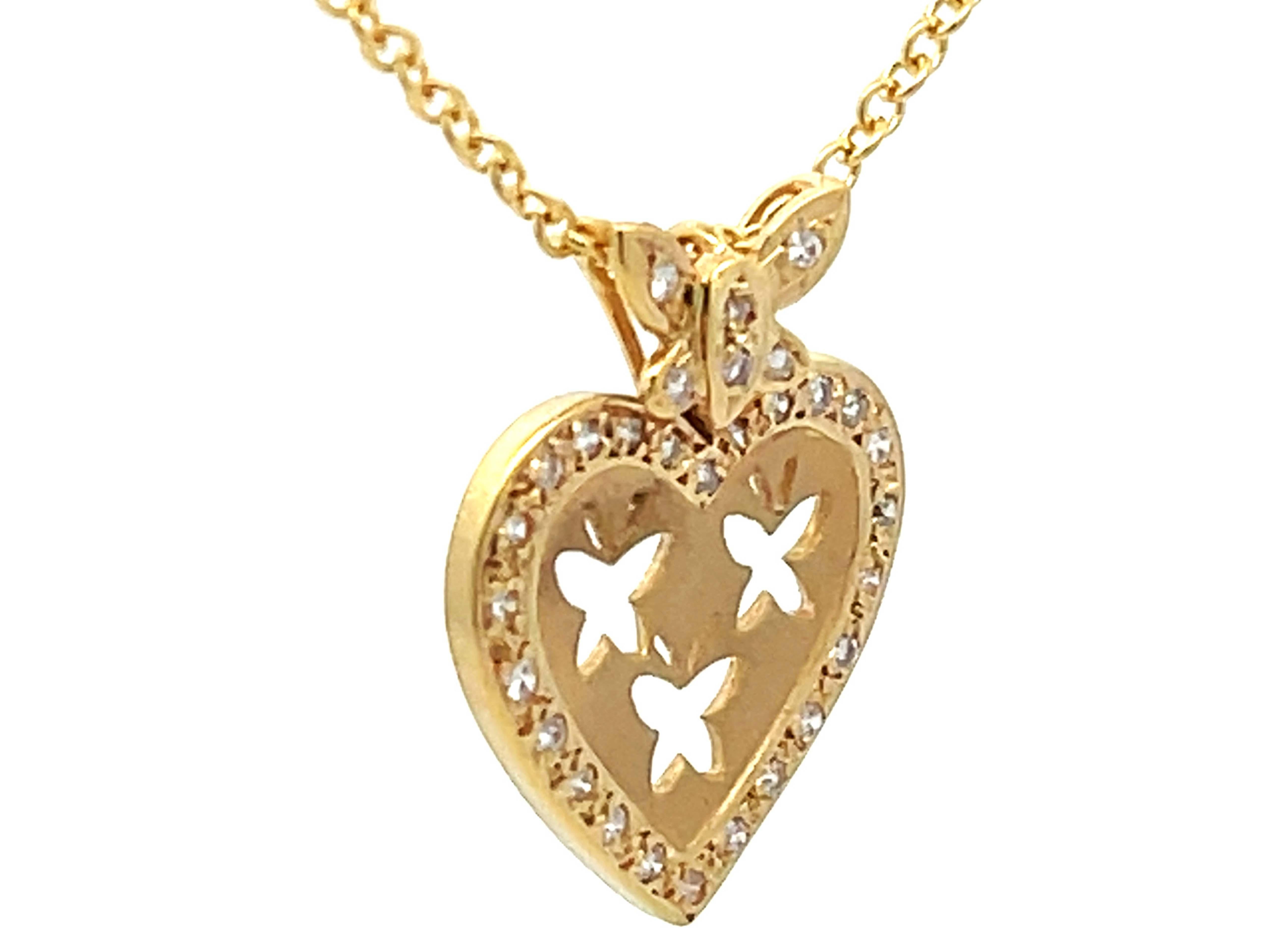 Modern Diamond Butterfly Heart Necklace in 18k Yellow Gold For Sale