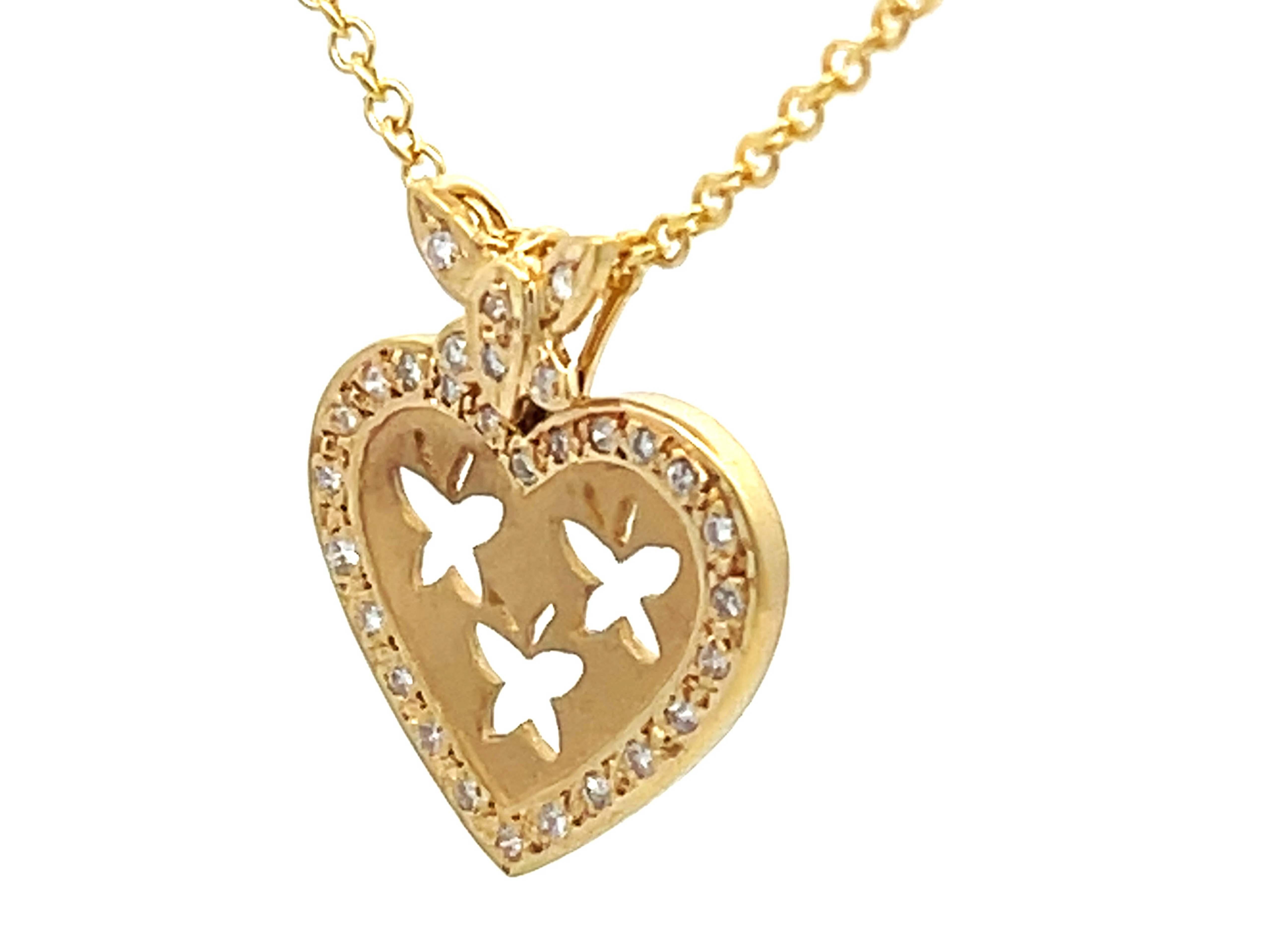 Brilliant Cut Diamond Butterfly Heart Necklace in 18k Yellow Gold For Sale