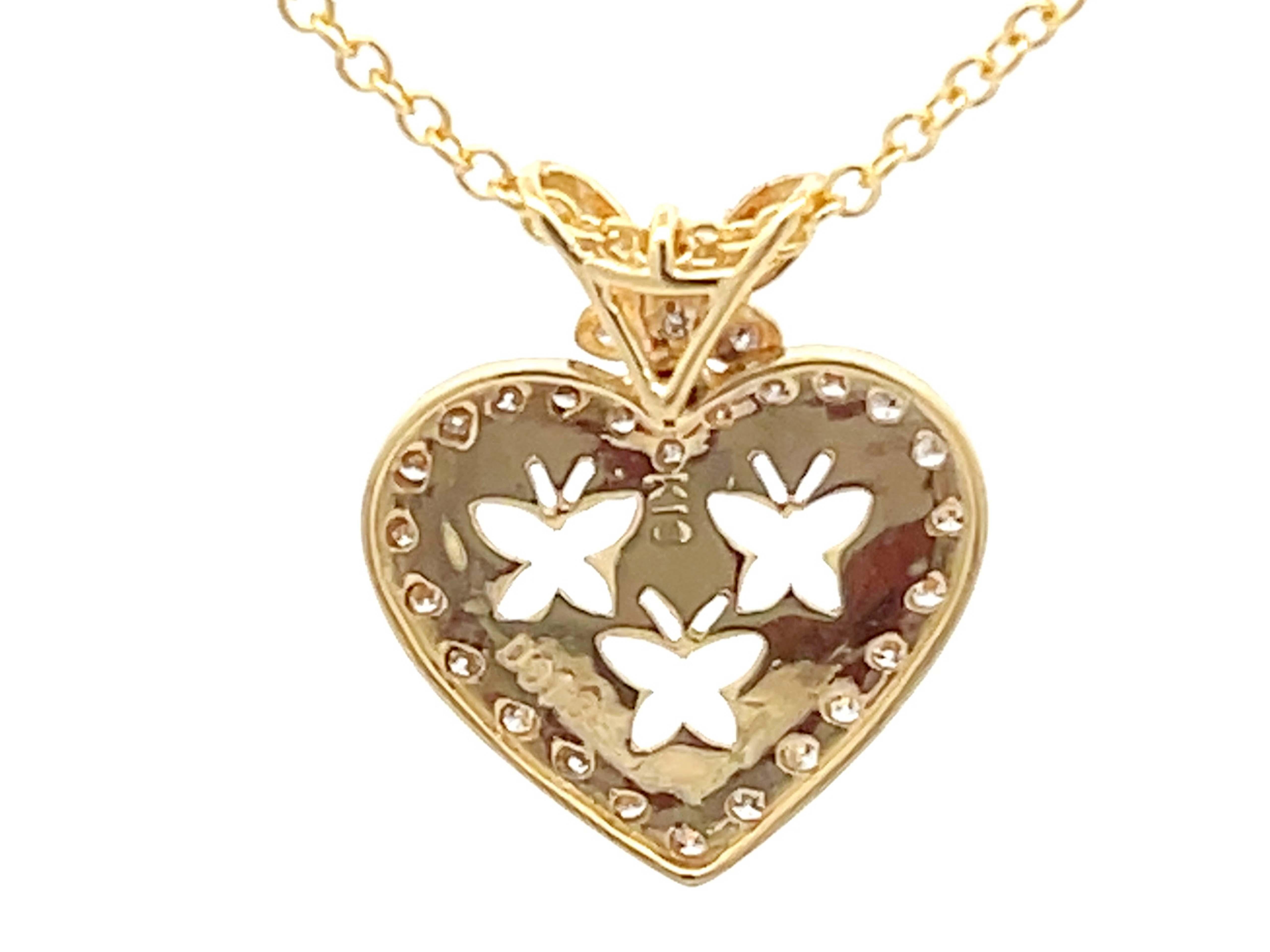 Diamond Butterfly Heart Necklace in 18k Yellow Gold For Sale 1