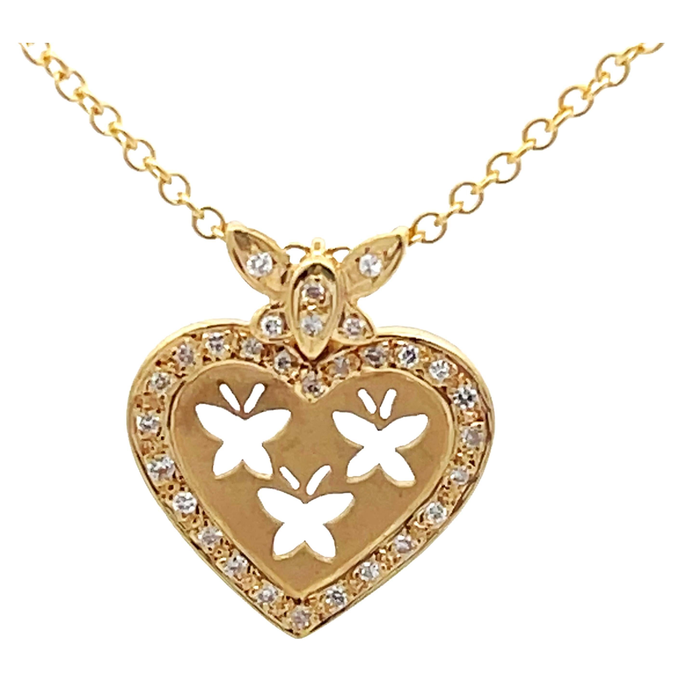 Diamant-Halskette mit Schmetterlingsherz aus 18 Karat Gelbgold im Angebot