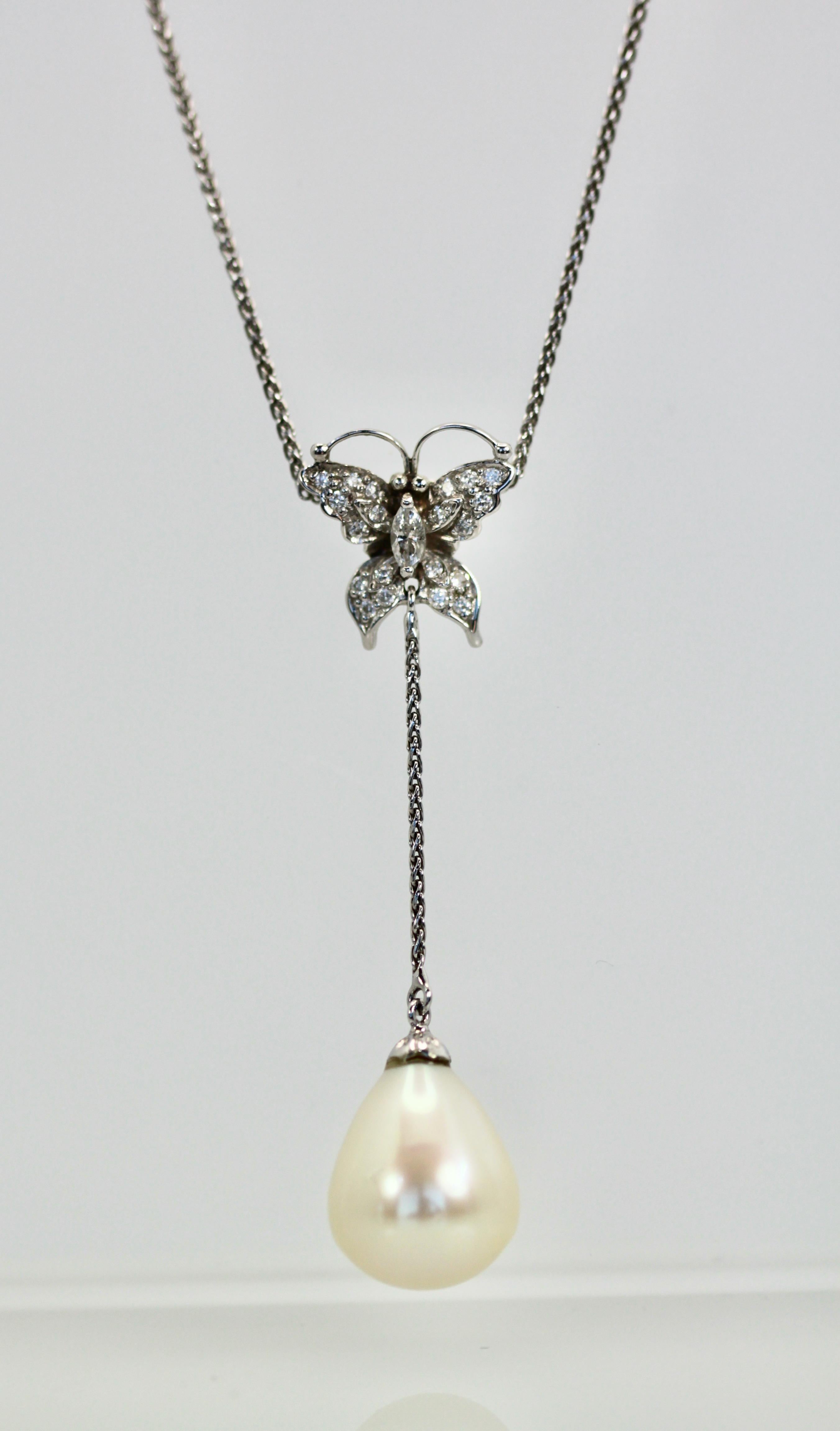 Marquise Cut Diamond Butterfly Necklace Drop Pearl 18 Karat For Sale