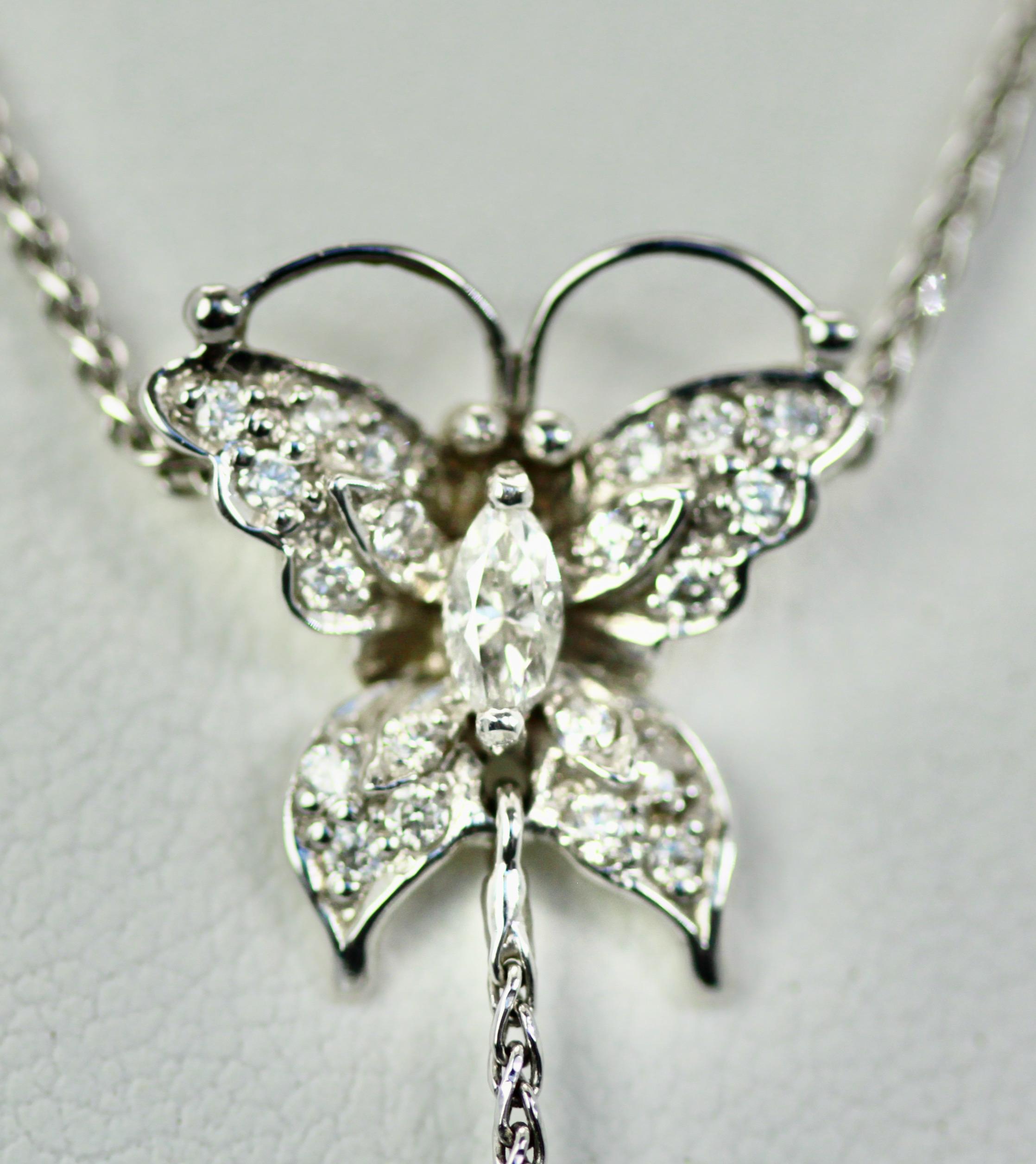 Diamond Butterfly Necklace Drop Pearl 18 Karat For Sale 2