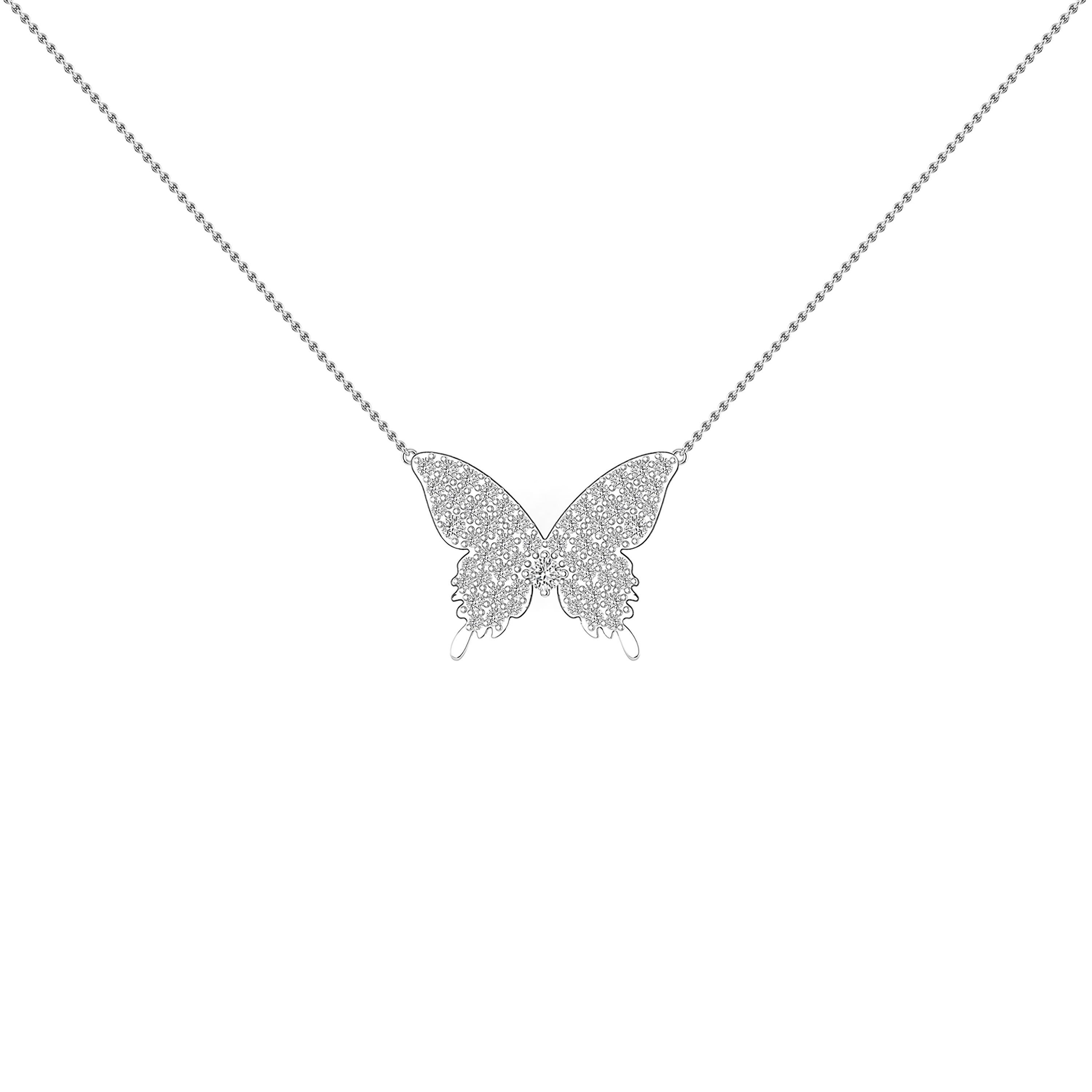 Round Cut Diamond Butterfly Necklace in 18 Karat White Gold For Sale