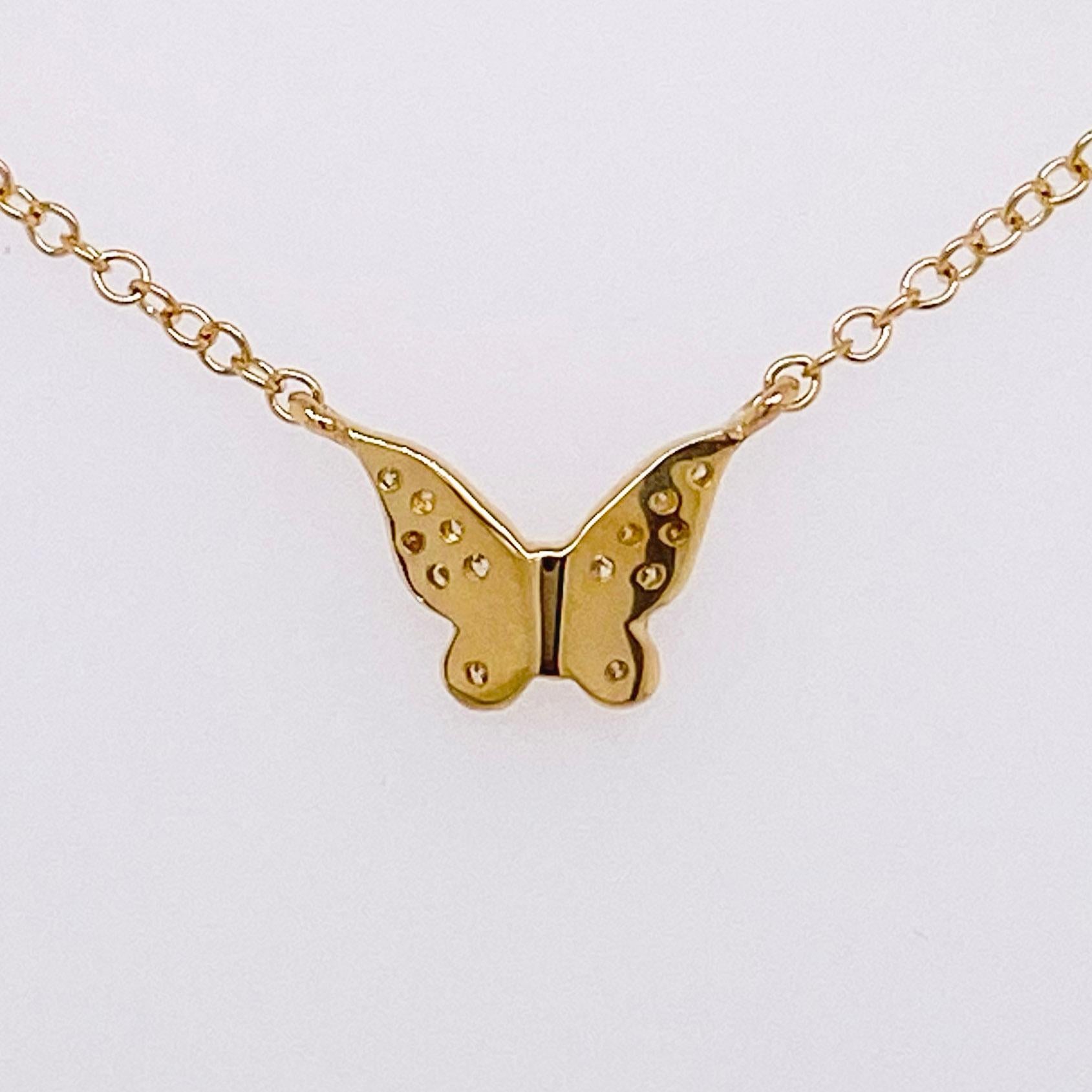 Modern Diamond Butterfly Necklace, Minimalist Pave Butterfly Pendant, Adjustable, Gold For Sale