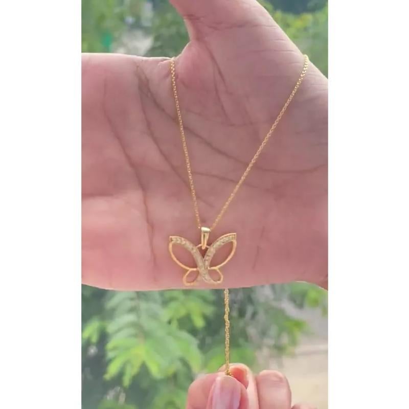 Round Cut Diamond Butterfly Pendant Charm Necklace in 14k Solid Gold For Sale