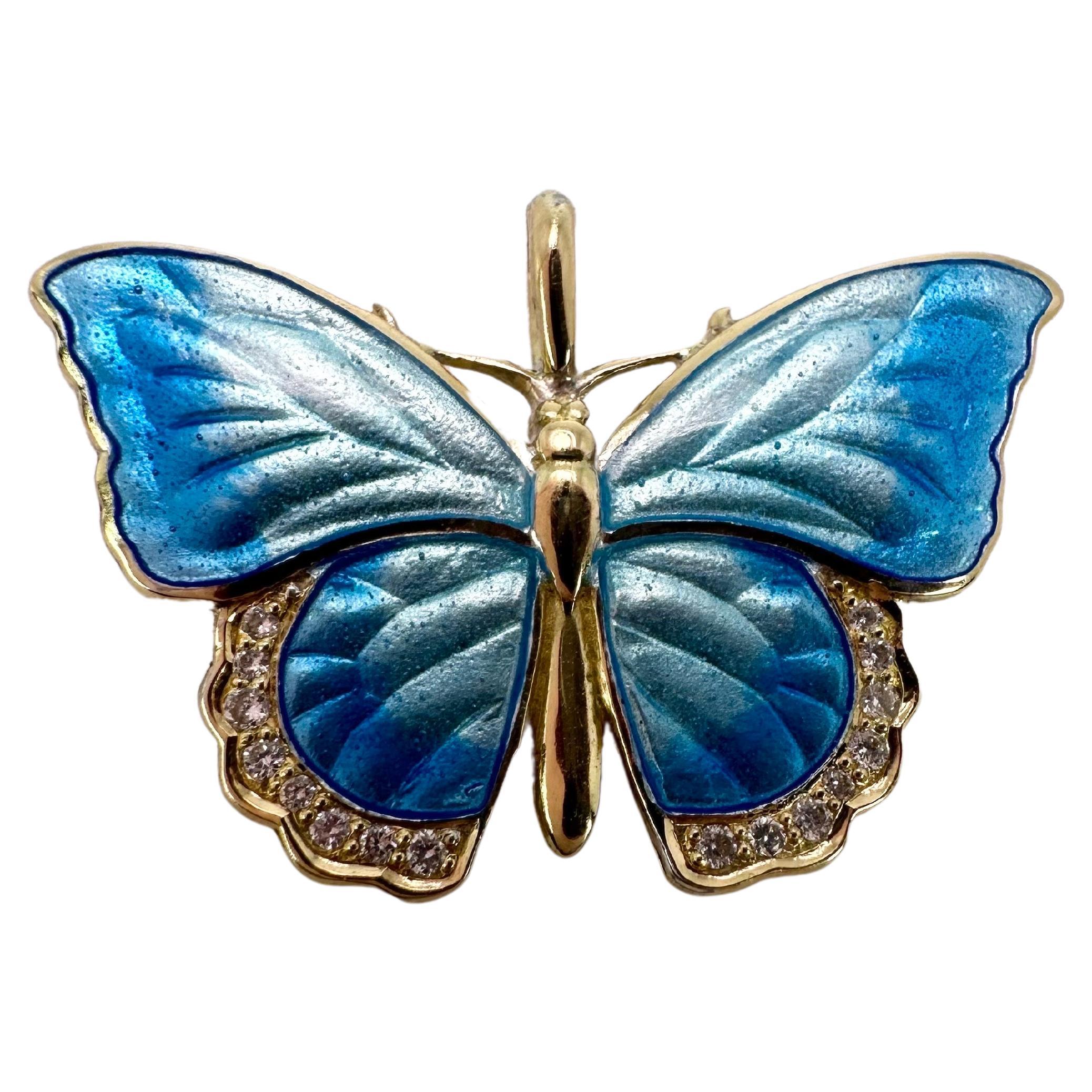 Collier pendentif papillon en or jaune 18 carats et diamants en vente