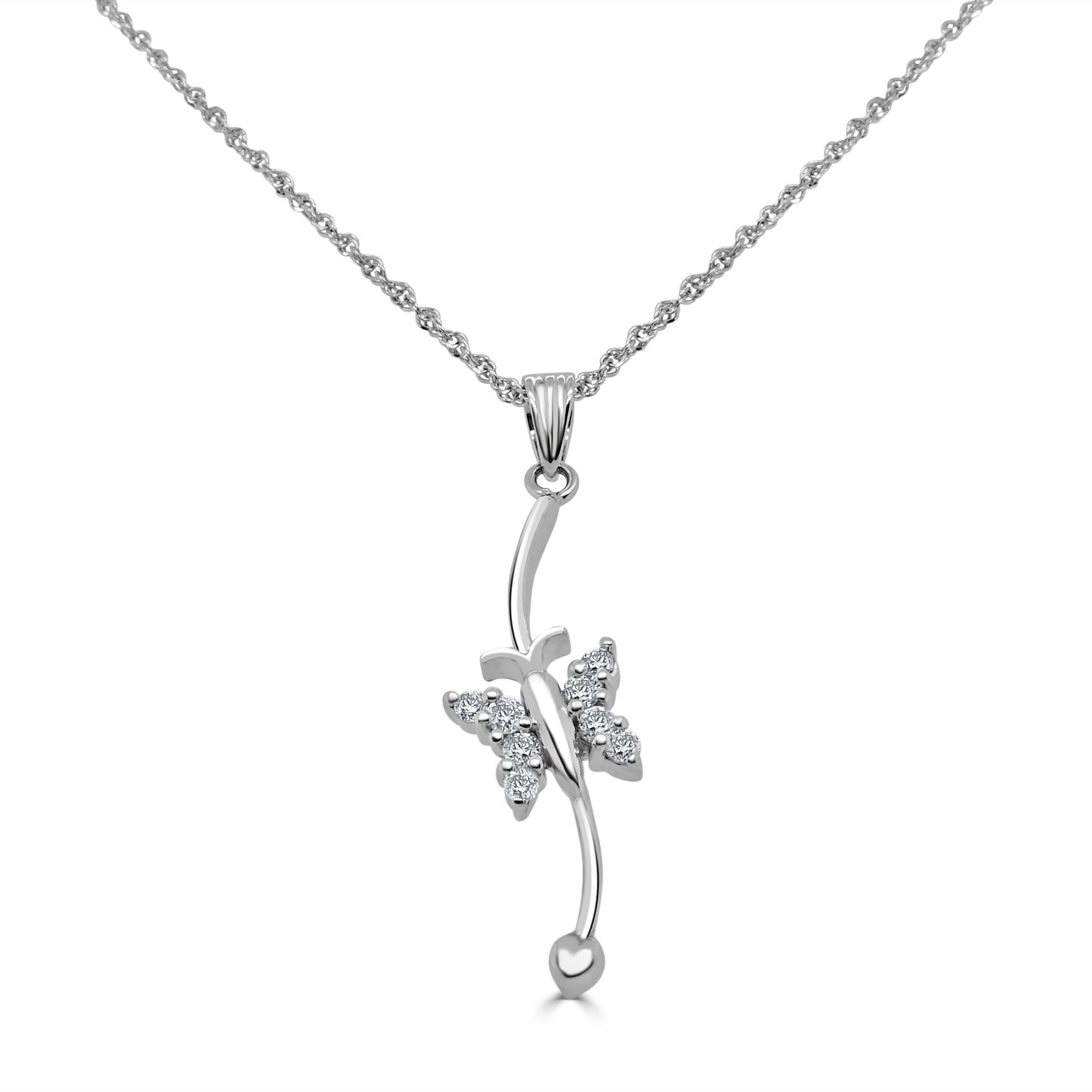 Beautiful 18K white gold butterfly pendant with 0.11 ct of round diamonds accenting the butterfly wings perfectly on a 18k white gold 16 inch necklace.

Gold Purity: 18 Karat
Gold Type: White Gold
Stone Name: Diamond
Diamond Weight: 0.11