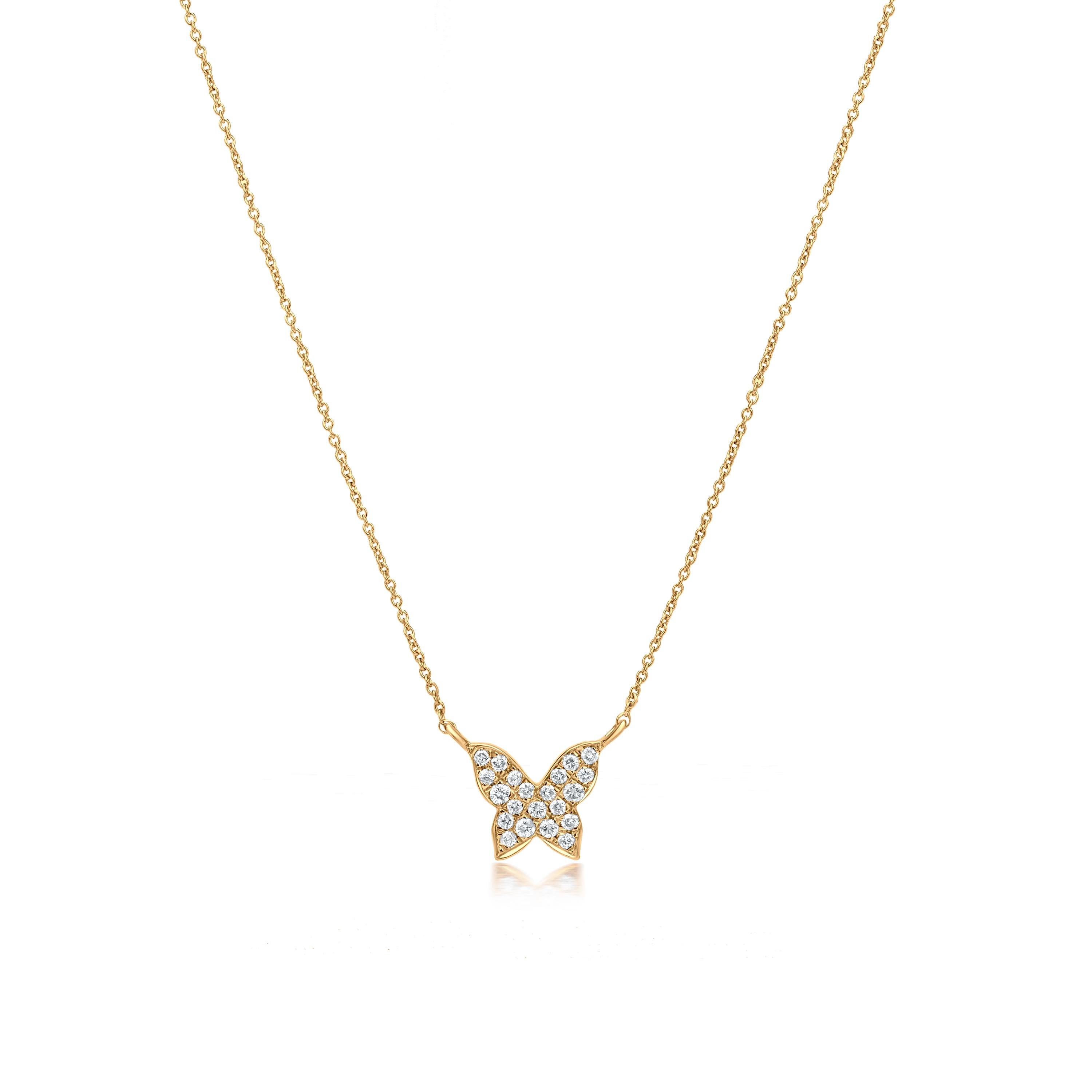 Grace your neckline with this cute symbol of transformation and growth. Subtle yet pretty this butterfly pendant necklace is the new fashion statement. This necklace features 21 round cut diamonds, totaling 0.14Cts adorned in an adorable motif of