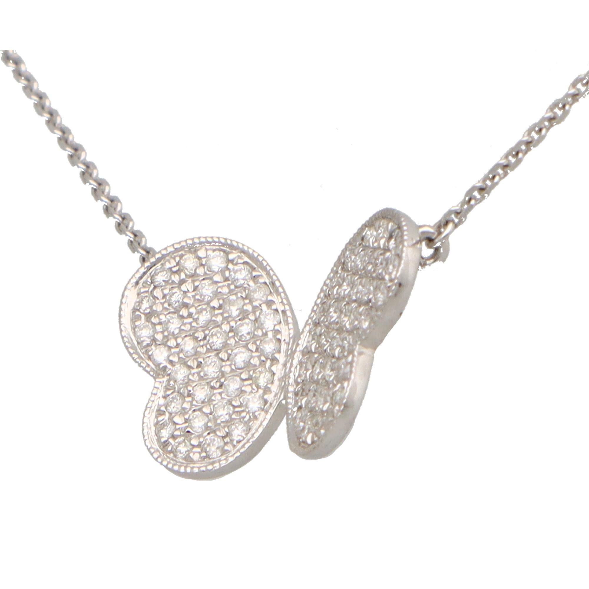 Round Cut Diamond Butterfly Pendant Set in 18k White Gold For Sale