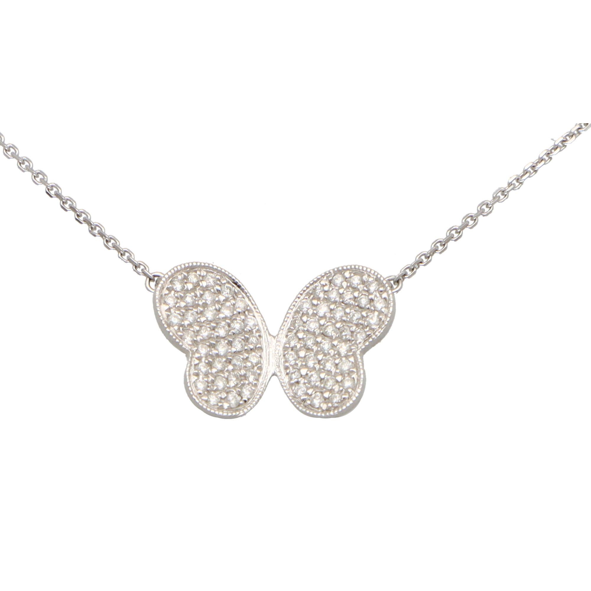 Women's or Men's Diamond Butterfly Pendant Set in 18k White Gold For Sale