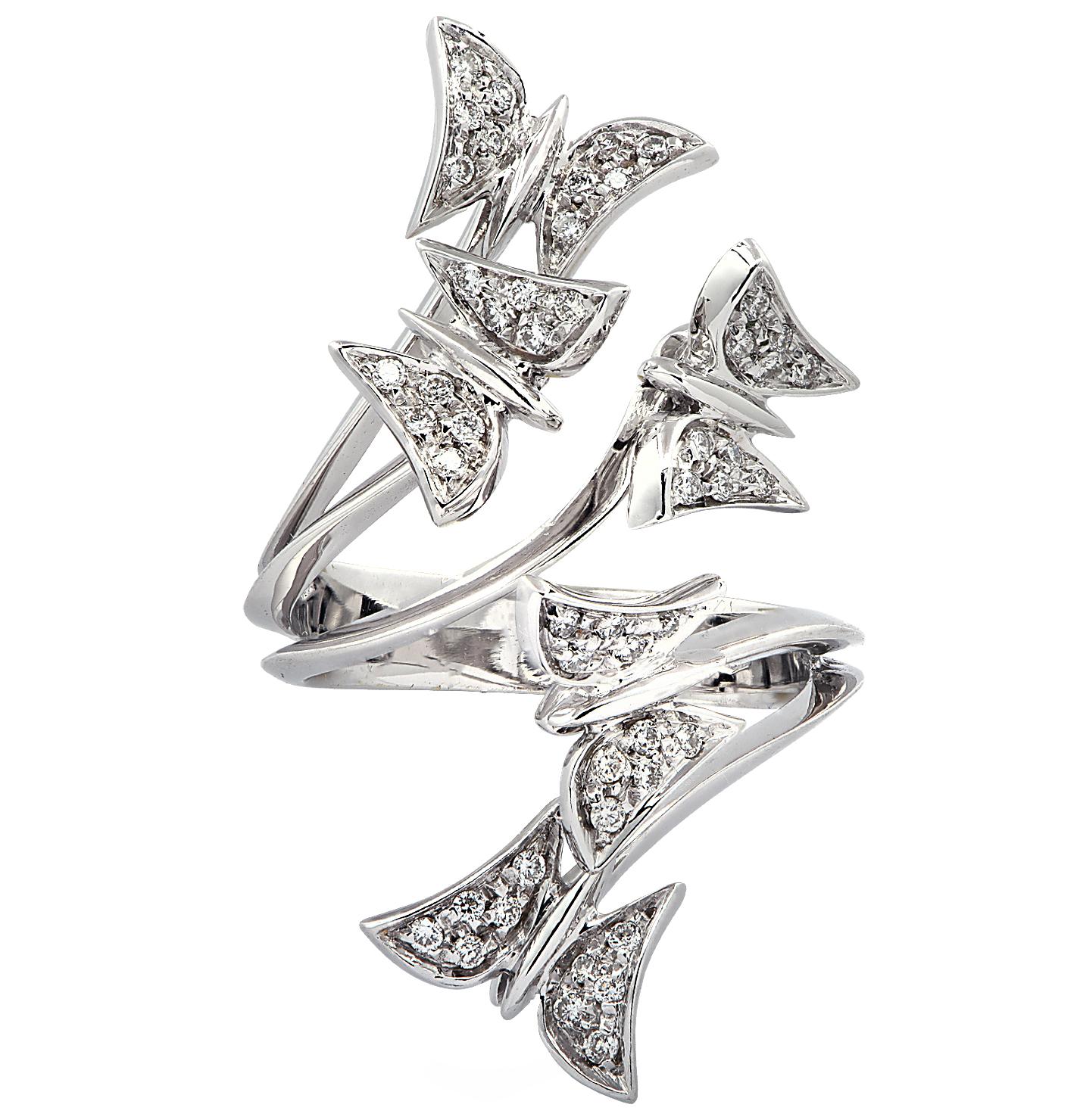 Enchanting ring crafted in 18 karat white gold, featuring 50 round brilliant cut diamonds weighing approximately 0.28 carats total, G color, VS-SI clarity. A flutter of butterflies, with diamond adorned wings,  fly in a graceful flight of fantasy