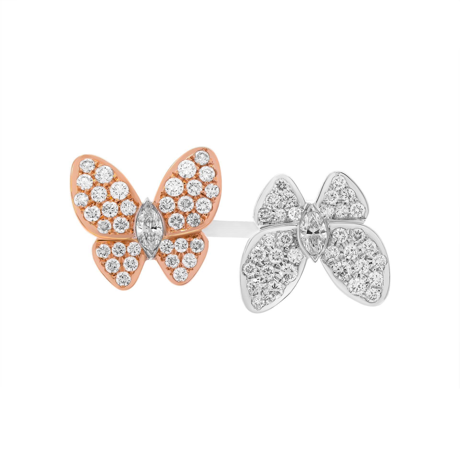 Butterfly ring in 18K White Gold & 18K Rose Gold
Total Carat Weight Of Pave: 1.46ct 
Carat weight of marquee diamonds: 0.47ct 
Size: 7 ¼ (can be sized)
