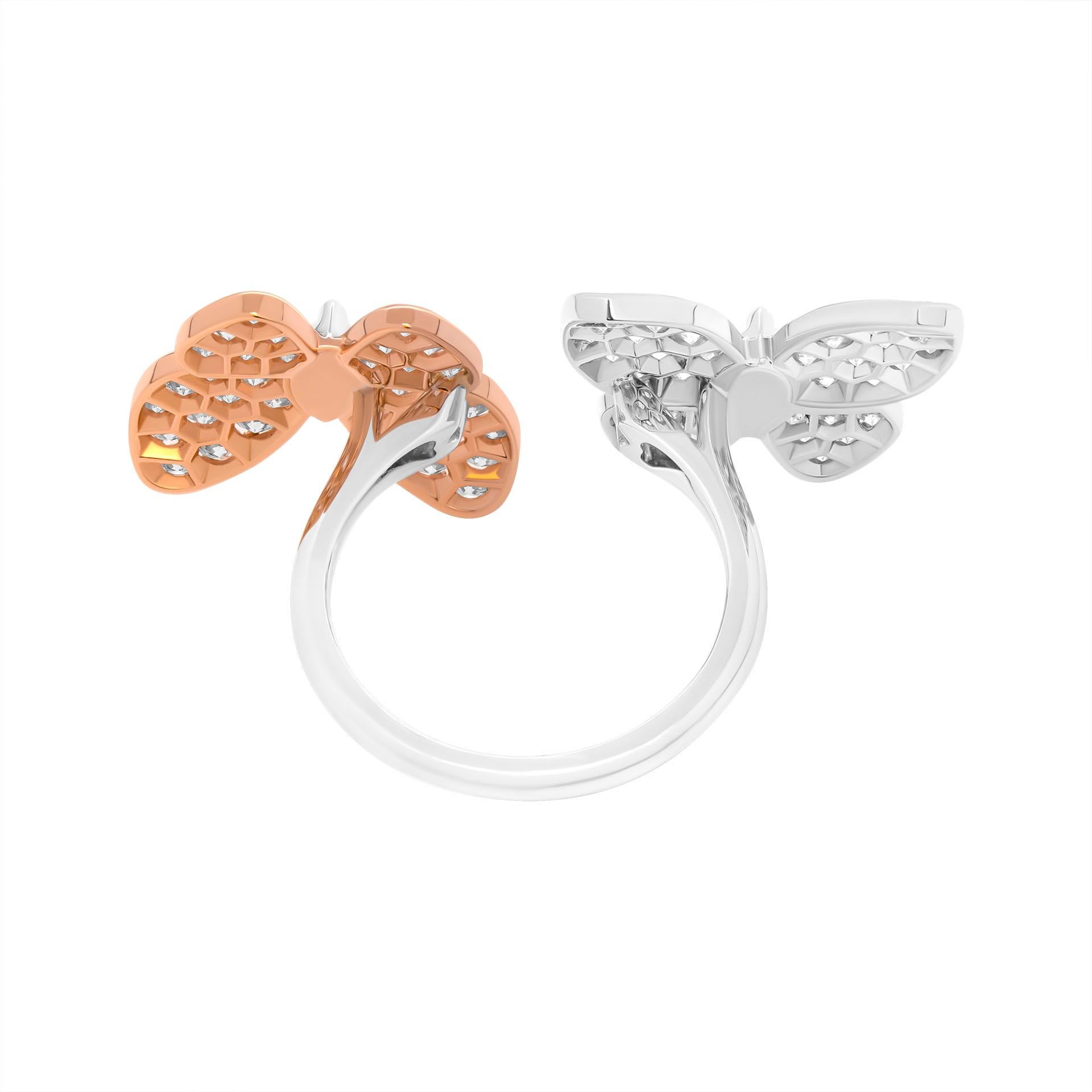 Round Cut Diamond Butterfly Ring in 18k Rose and White Gold For Sale