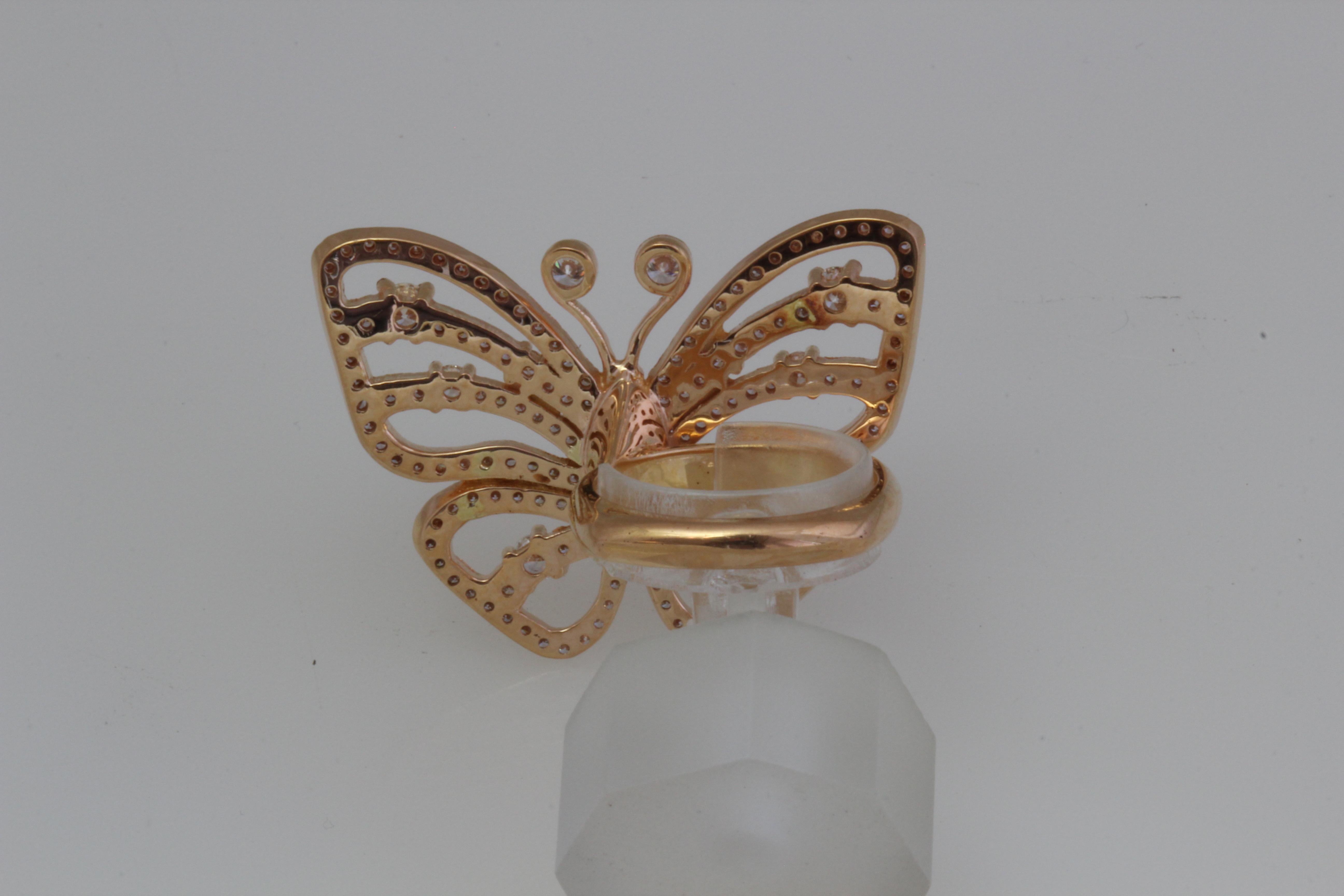 Will be made to order depending on your finger size, allow 3-6 weeks. If you need it sooner let us know and we will tell you if we can accommodate you.

Crafted of 18k Rose Gold Butterfly Ring set with diamonds,  

White natural diamonds no