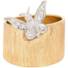 Diamond Butterfly Ring Vintage 14 Karat Yellow Gold Wide Band Florentine Finish