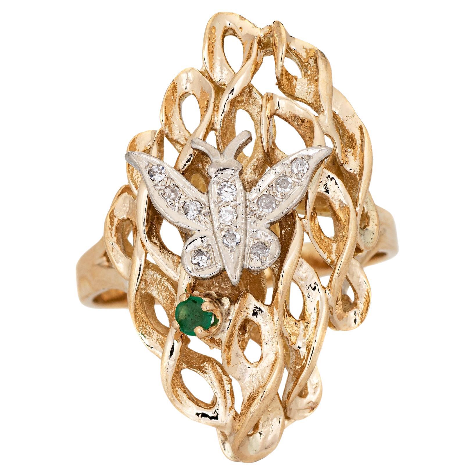 Bague papillon vintage en or jaune 14 carats avec diamants, taille 10,5 Estate Fine Jewelry