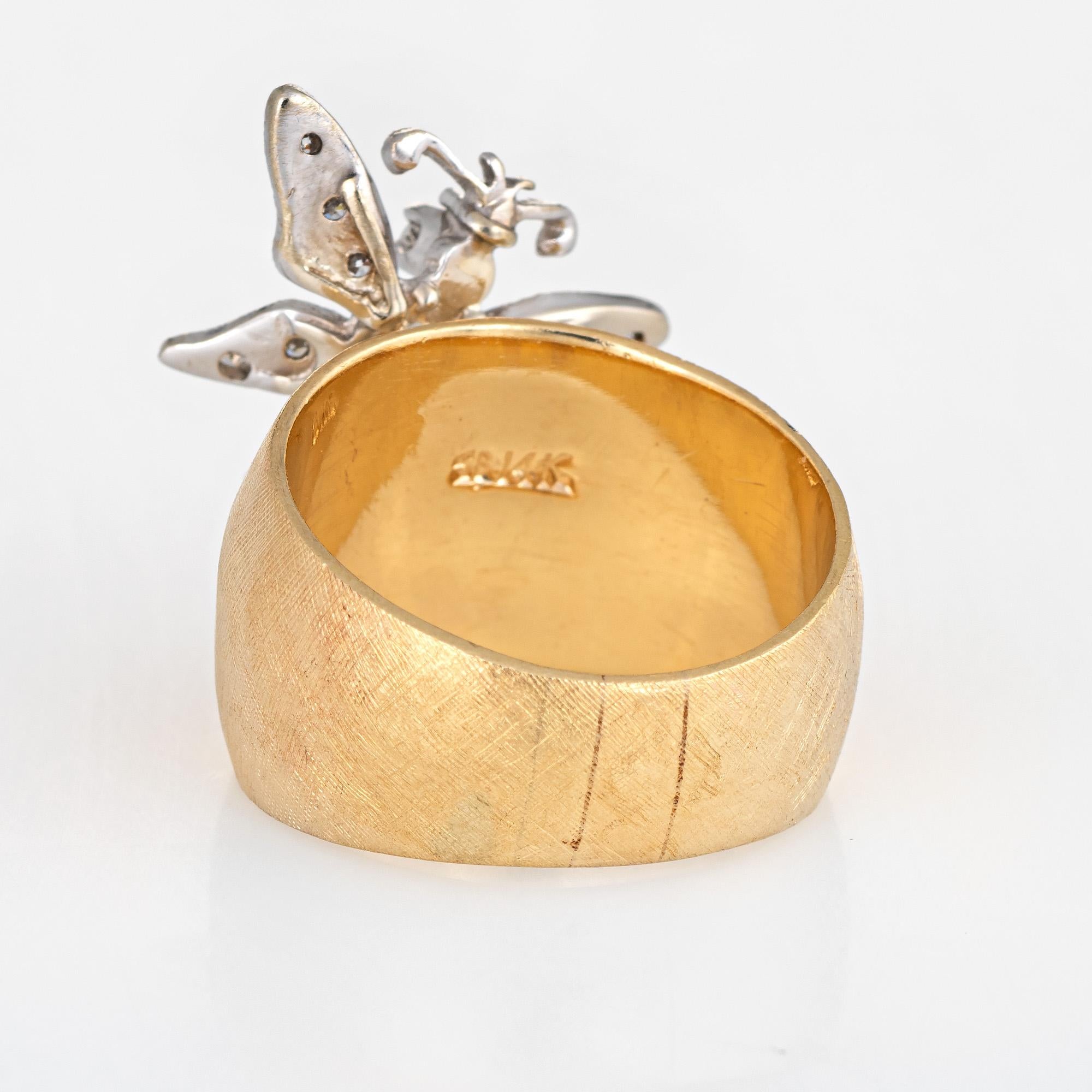 Diamant Schmetterling Ring Vintage 14 Karat Gelbgold Wide Band Florentine Finish im Zustand „Gut“ in Torrance, CA