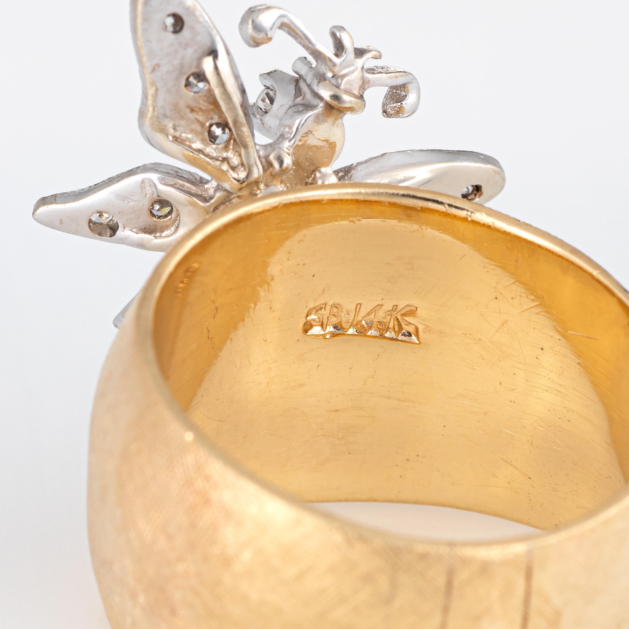 Diamant Schmetterling Ring Vintage 14 Karat Gelbgold Wide Band Florentine Finish 1