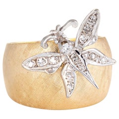 Diamond Butterfly Ring Vintage 14 Karat Yellow Gold Wide Band Florentine Finish