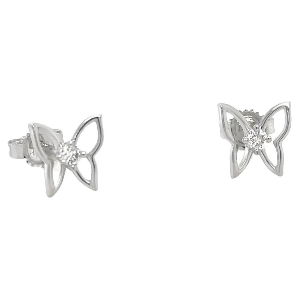 Diamond Butterfly Stud Earrings 14K White Gold For Sale