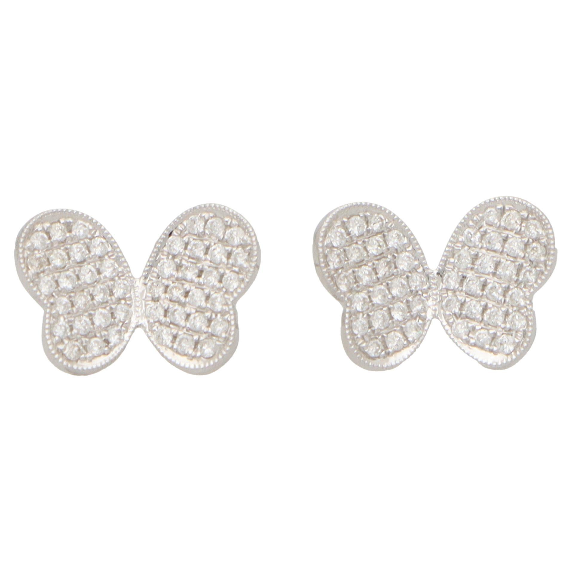 Diamond Butterfly Stud Earrings Set in 18k White Gold For Sale