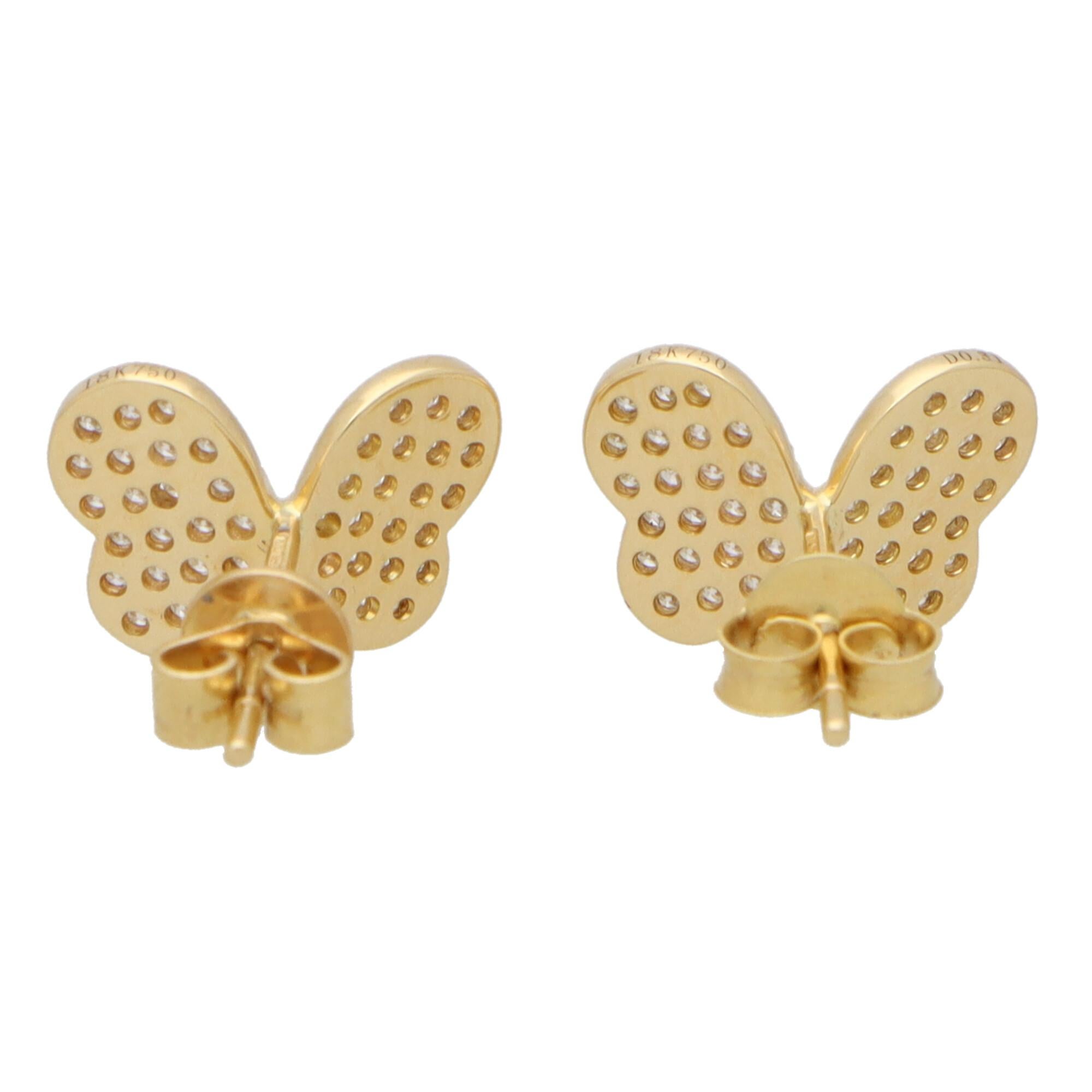 Modern Diamond Butterfly Stud Earrings Set in 18k Yellow Gold For Sale